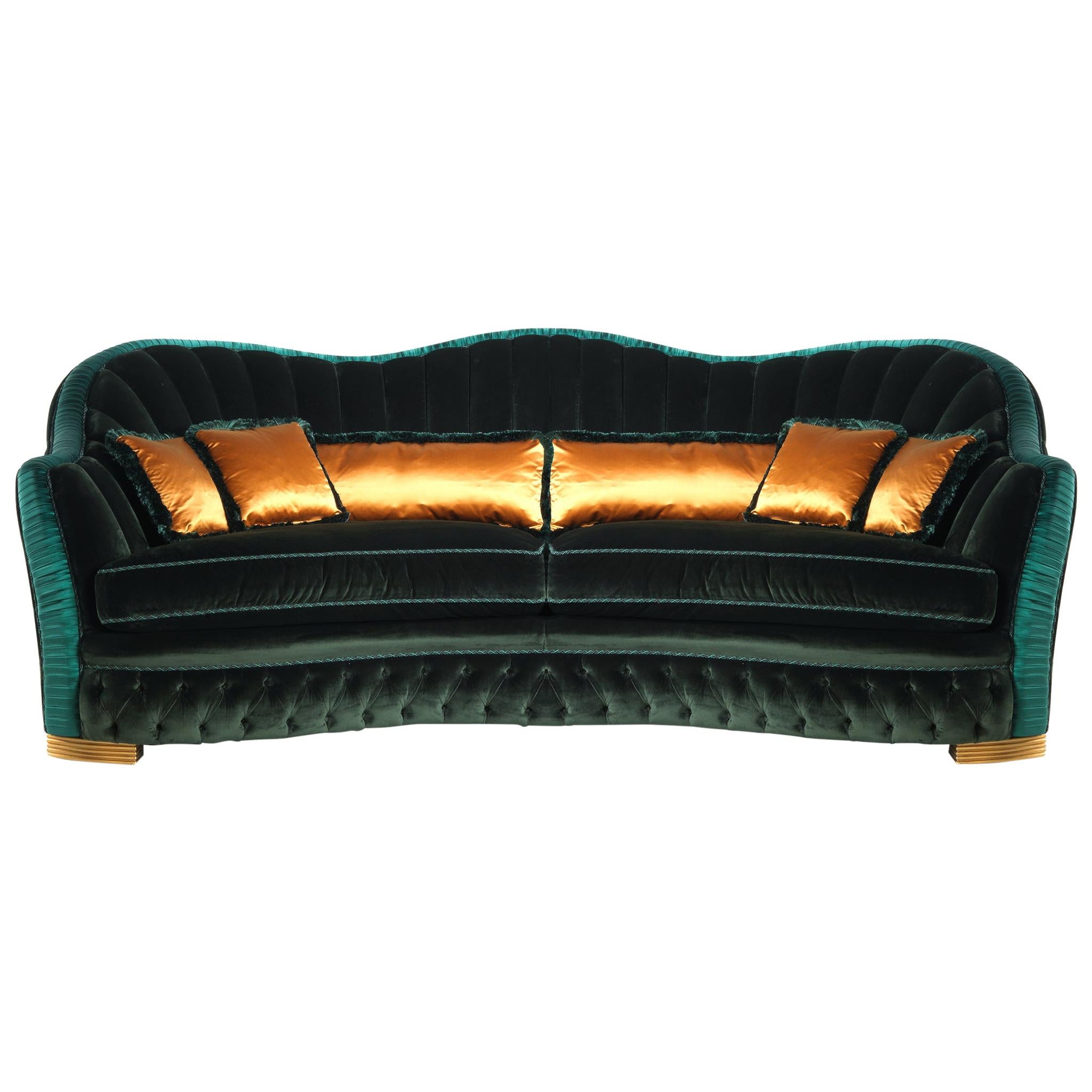 Smeraldo Italian Three-Seat Sofa with Carved Feet in Velvet & Satin by Zanaboni For Sale