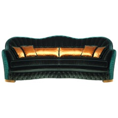 Smeraldo Italian Three-Seat Sofa with Carved Feet in Velvet & Satin by Zanaboni
