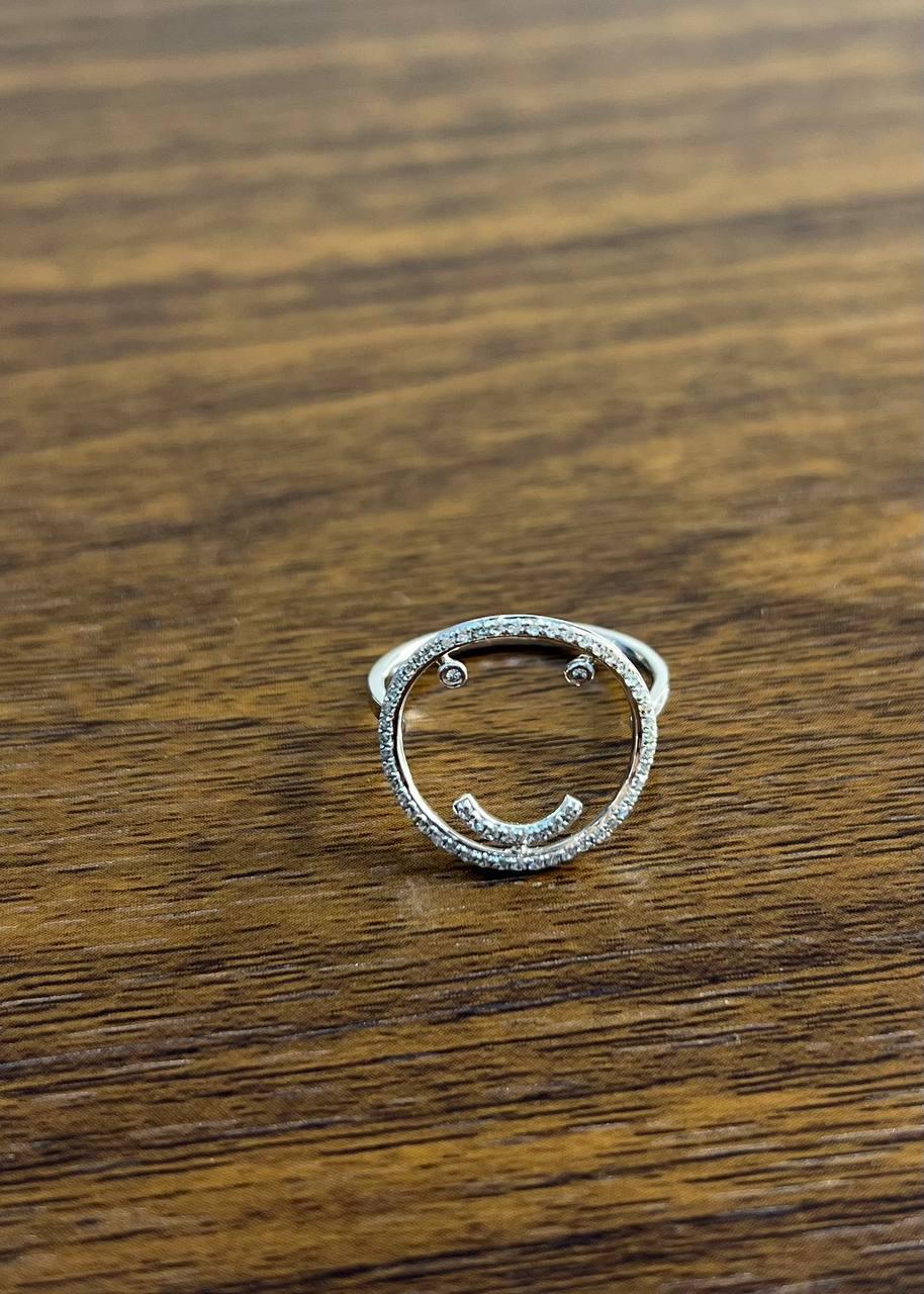 Smile Smiley Face Emoji White Diamond Halo 14K White Gold Statement Fun Ring 4
