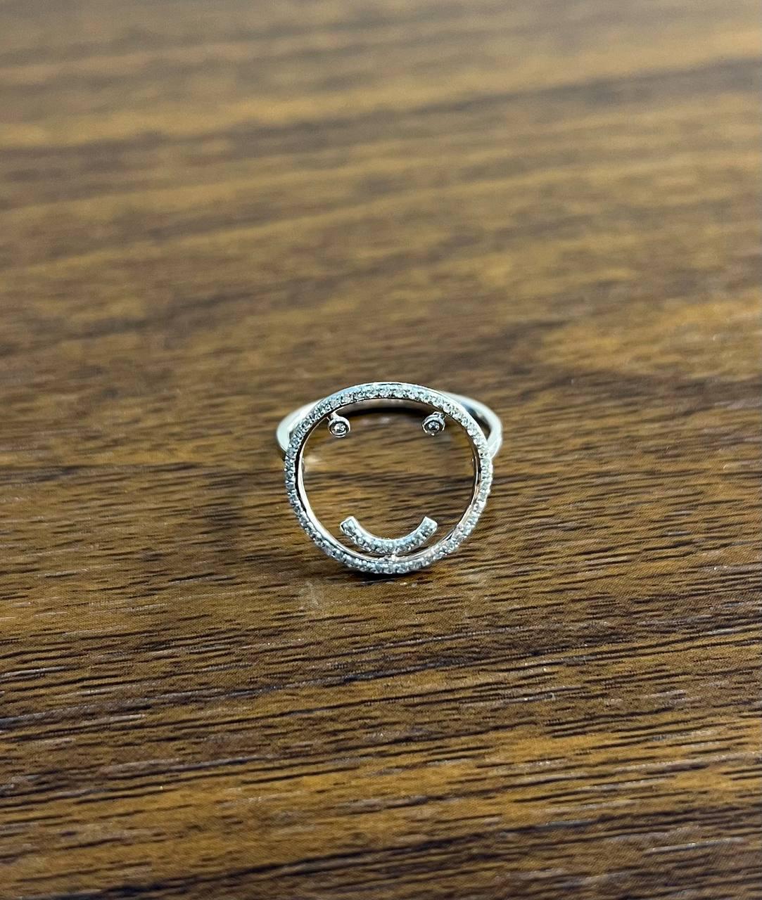 Smile Smiley Face Emoji White Diamond Halo 14K White Gold Statement Fun Ring 3