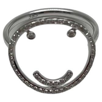 Smile Smiley Face Emoji White Diamond Halo 14K White Gold Statement Fun Ring