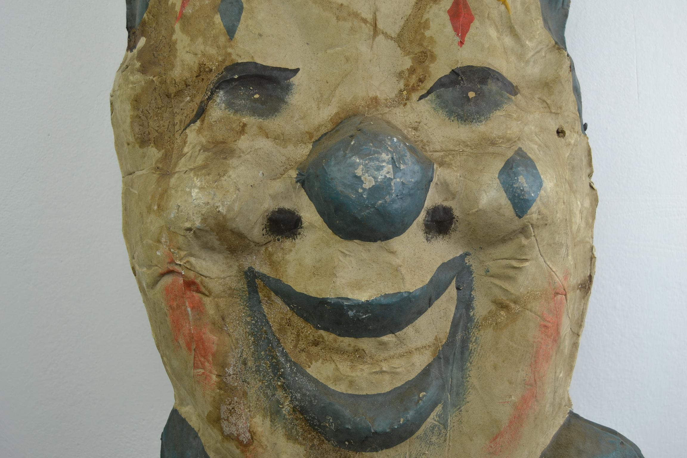 Folk Art Smiling Circus Clown Head, Papier Mâché, 1930s