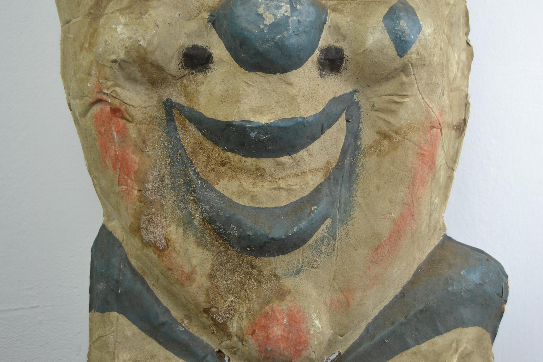European Smiling Circus Clown Head, Papier Mâché, 1930s