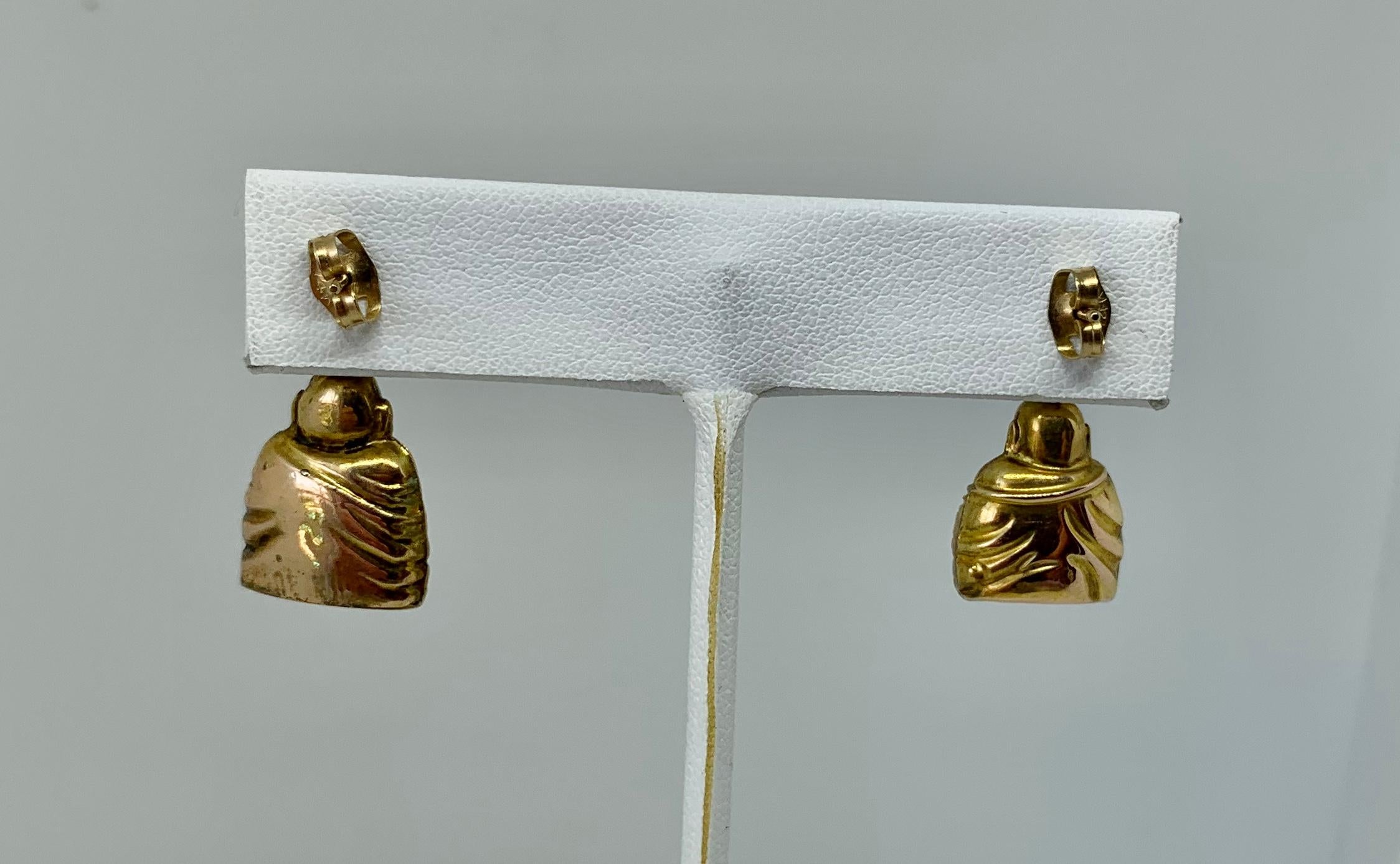Retro Smiling Happy Buddha Earrings Antique 14 Karat Gold Dangle Drop Earrings For Sale