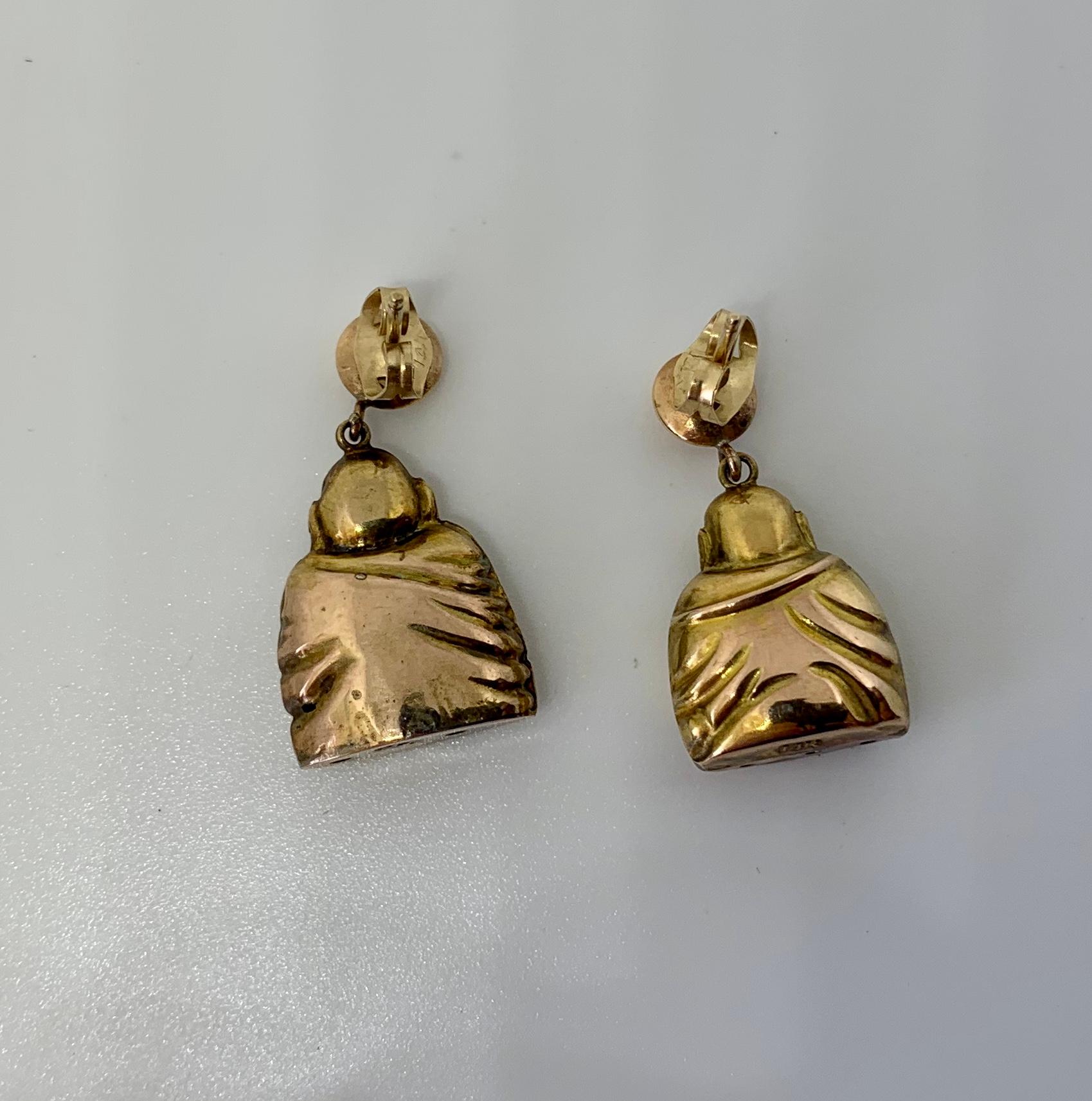 Smiling Happy Buddha Earrings Antique 14 Karat Gold Dangle Drop Earrings In Good Condition For Sale In New York, NY