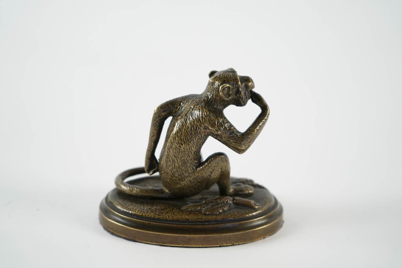 Smiling monkey sculpture in bronze, 20th century production.
 