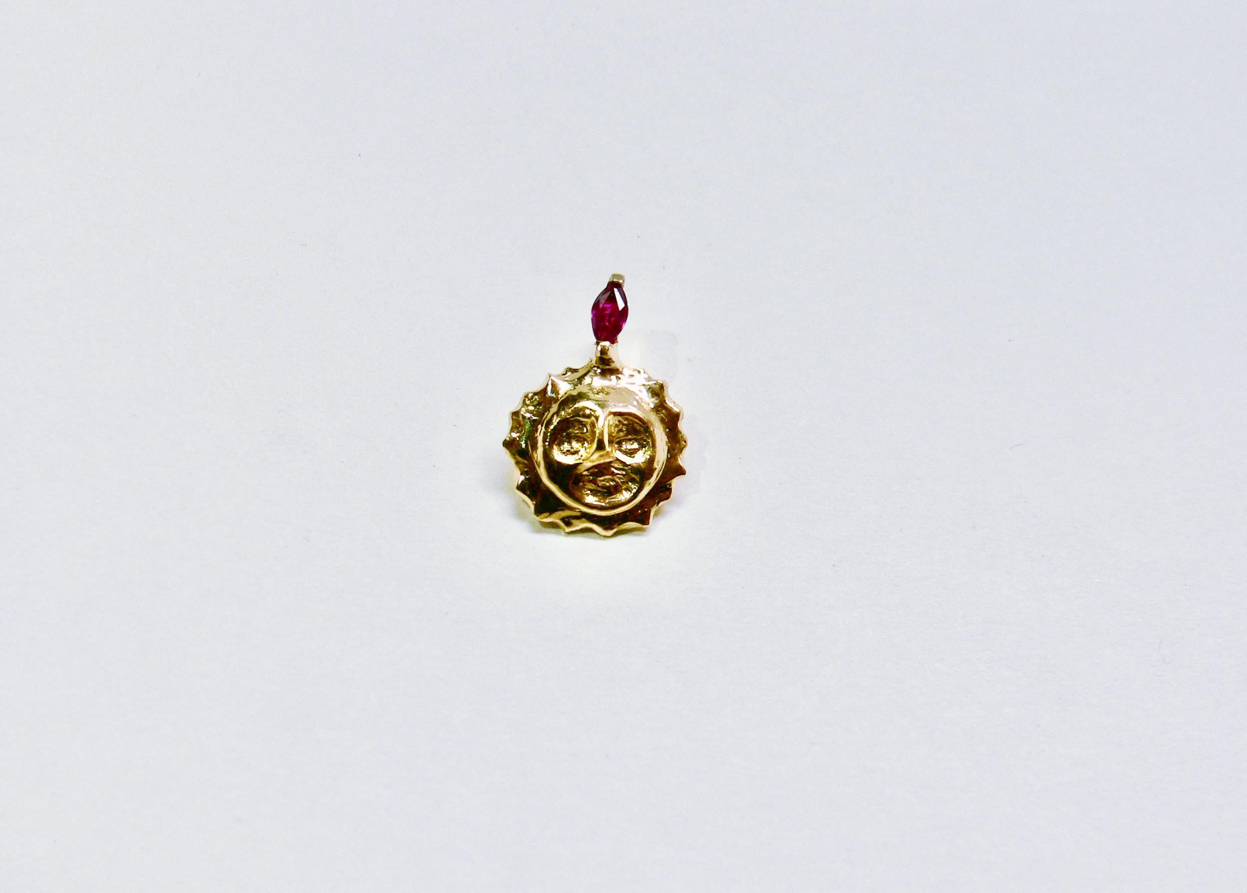 Marquise Cut Smiling Sun Pendant with Ruby, Sterling Silver, 18 Karat Yellow Gold-Plated For Sale