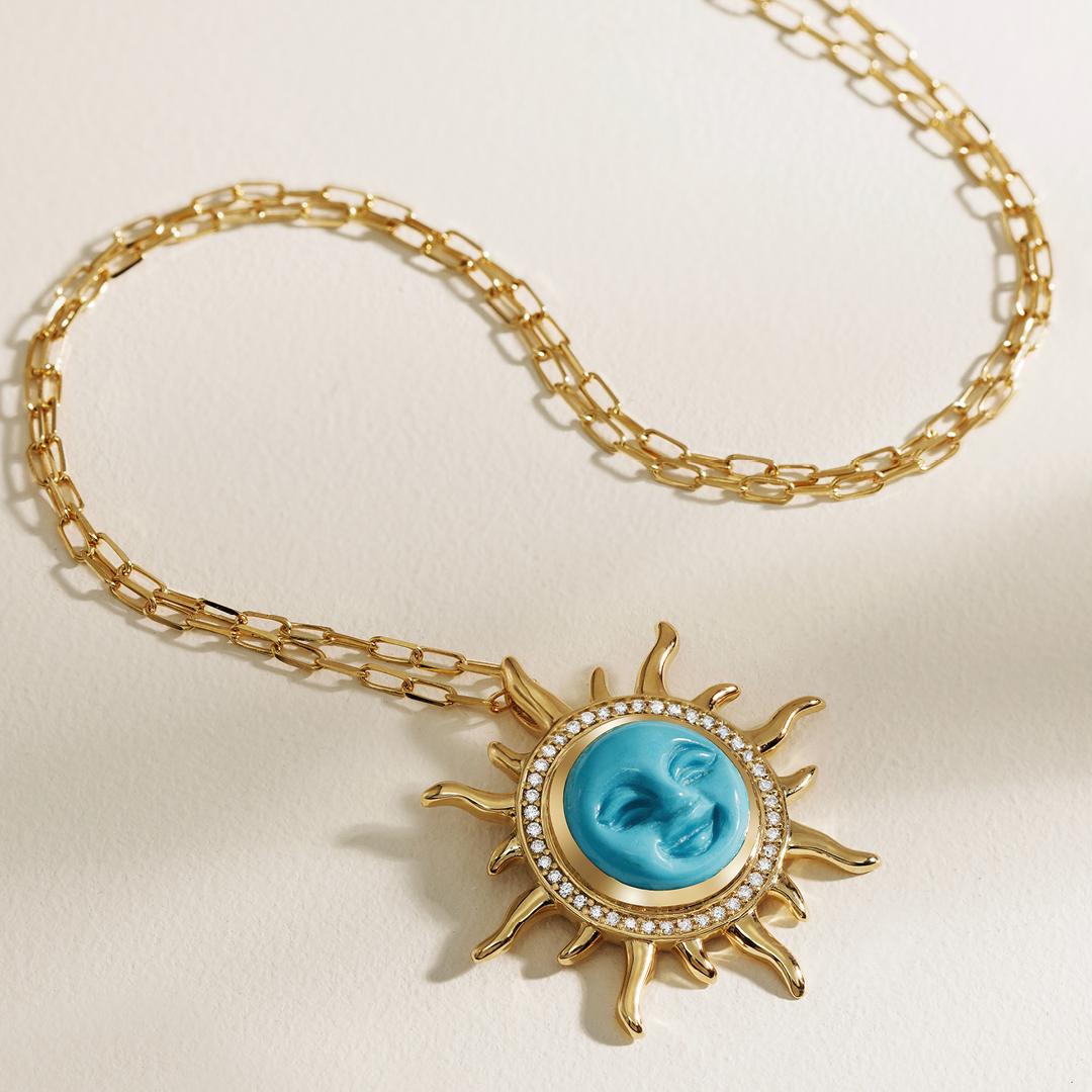 Contemporary Smiling Sun Turquoise Pendant, 18kt Yellow Gold