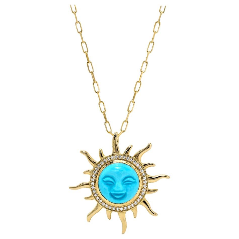 Smiling Sun Turquoise Pendant, 18kt Yellow Gold