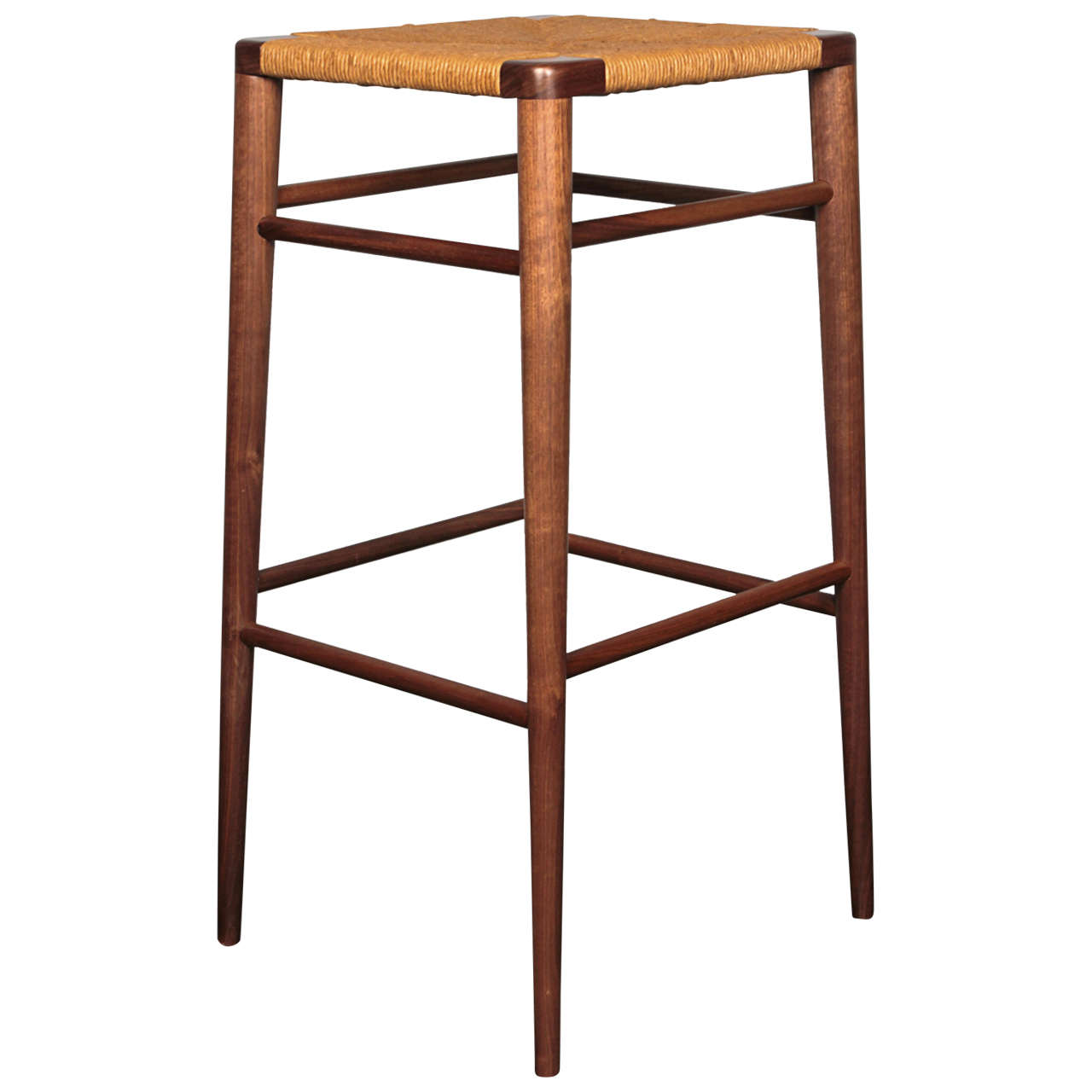 Smilow Furniture, Walnut and Rush Bar Stool For Sale