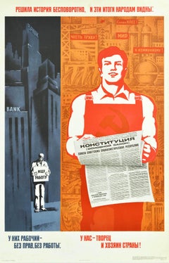 Affiche rétro originale soviétique Irrevocable History Rights Constitution, CCCP, URSS