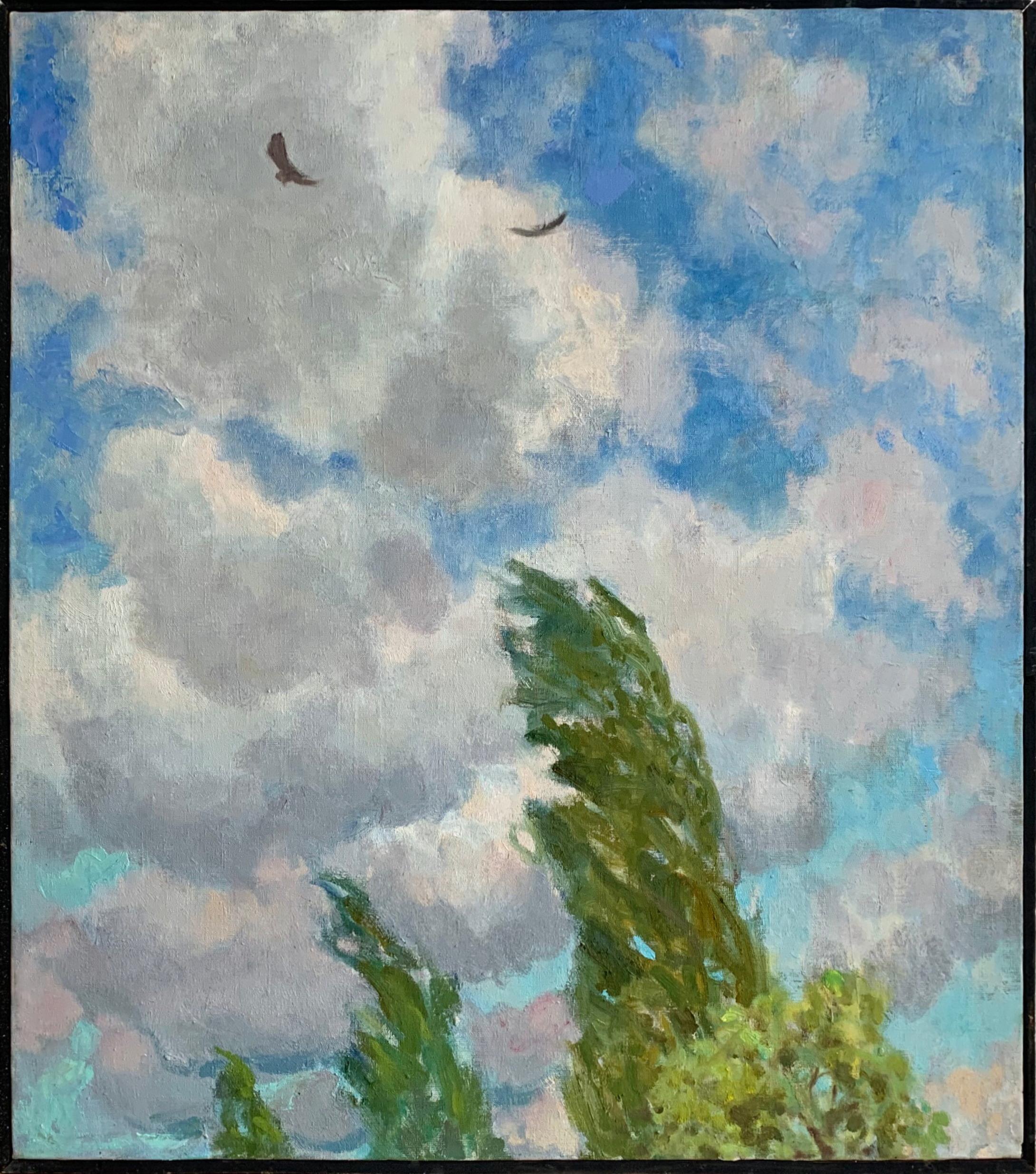 Bright Sky Landscape Vintage Oil Canvas Painting Framed Original Art by Smirnov For Sale 4