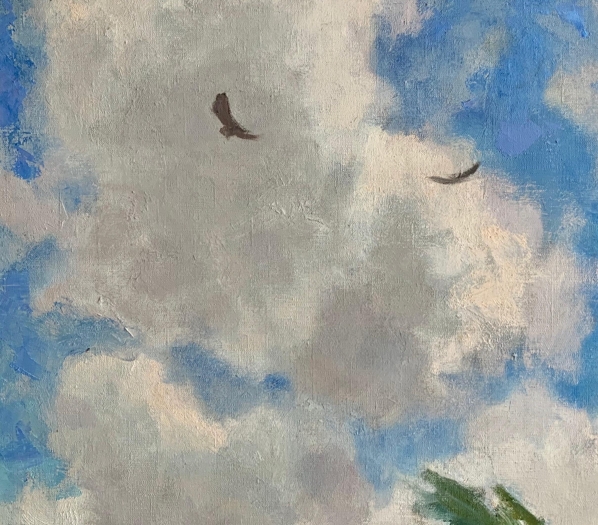 Bright Sky Landscape Vintage Oil Canvas Painting Framed Original Art by Smirnov For Sale 1