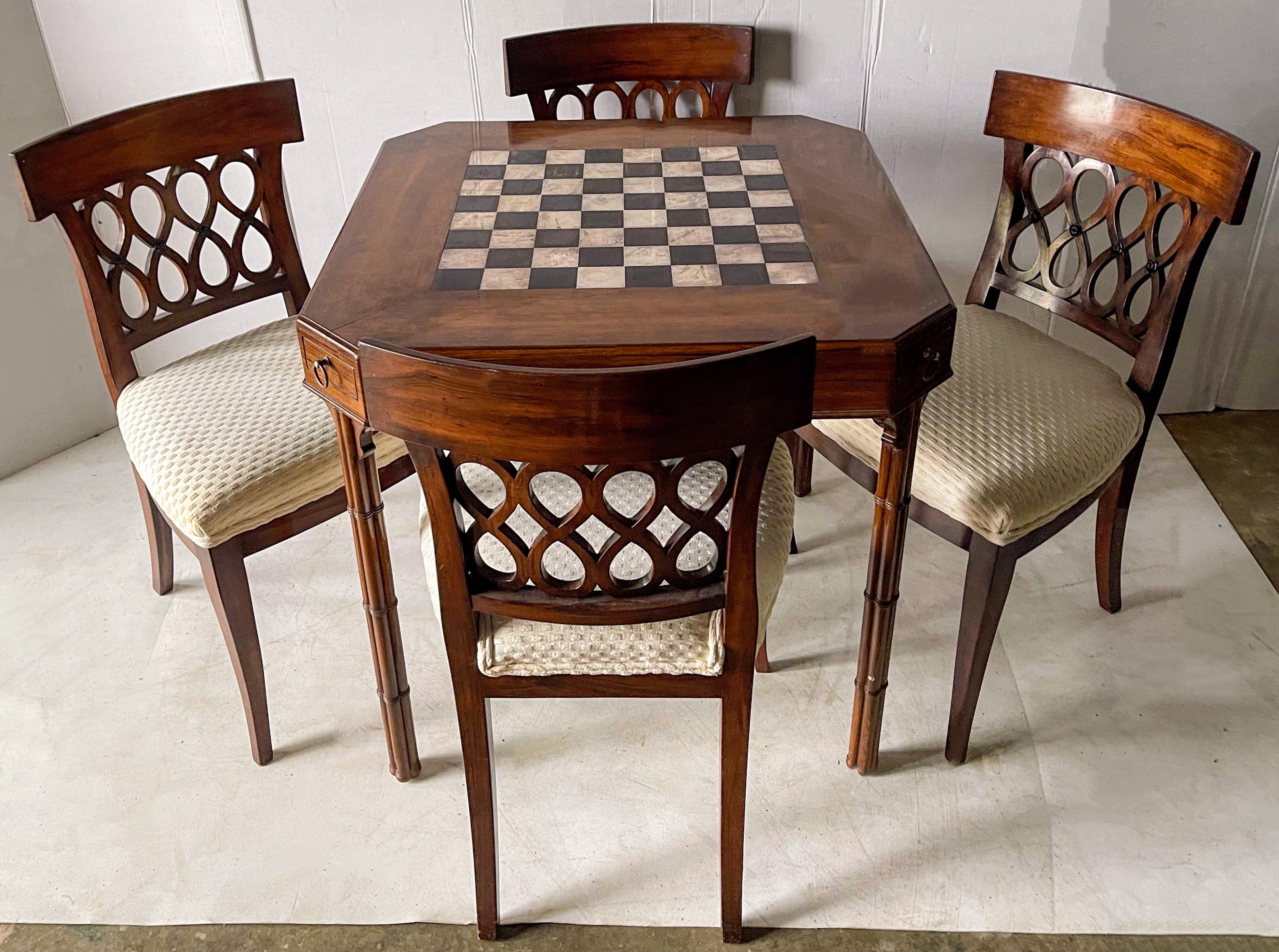 20th Century Smith and Watson Regency Style Faux Bamboo Game Table and Chairs