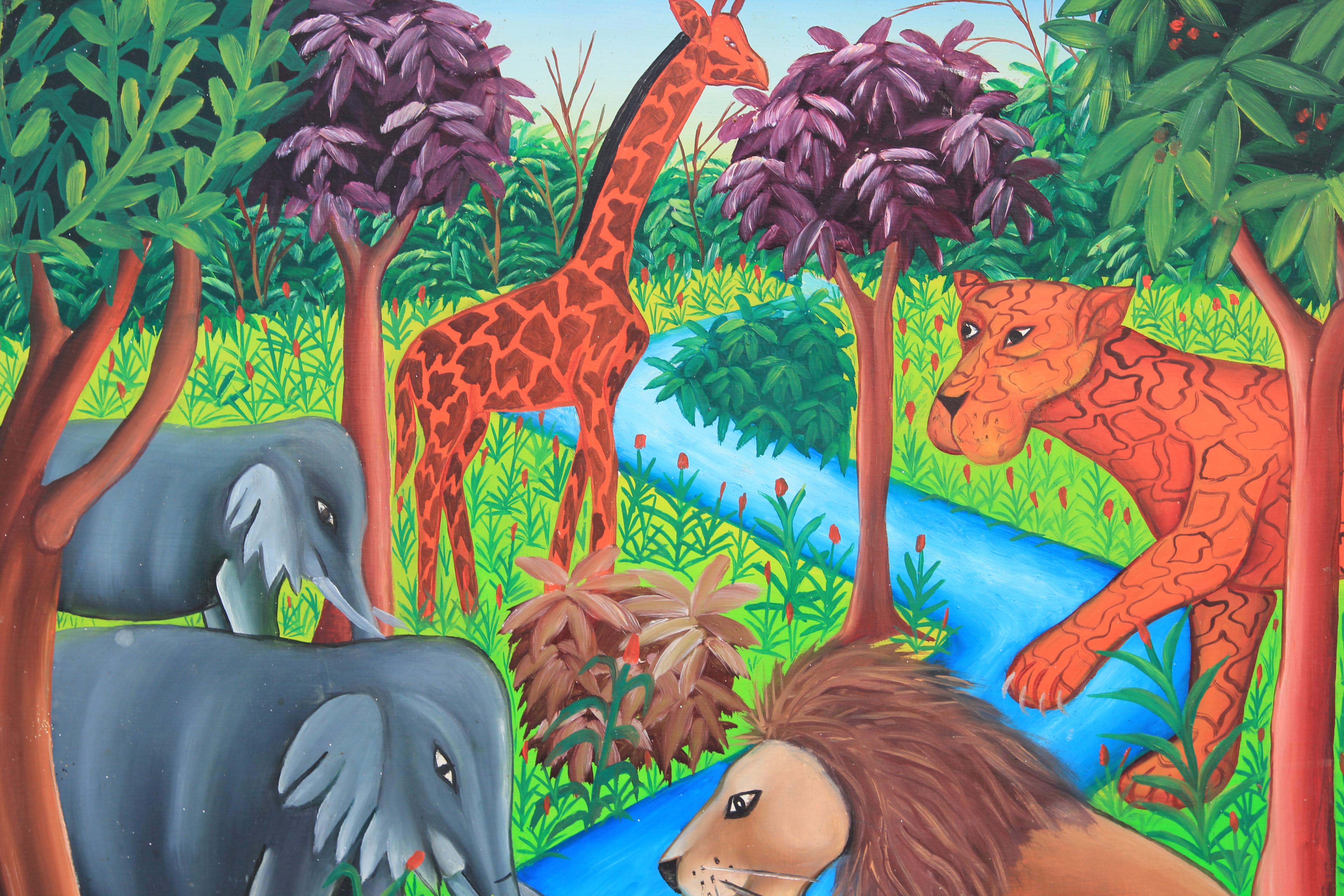 Surrealist Jungle Animals Painting by Haitian Artist - Gray Animal Painting by Smith Blanchard