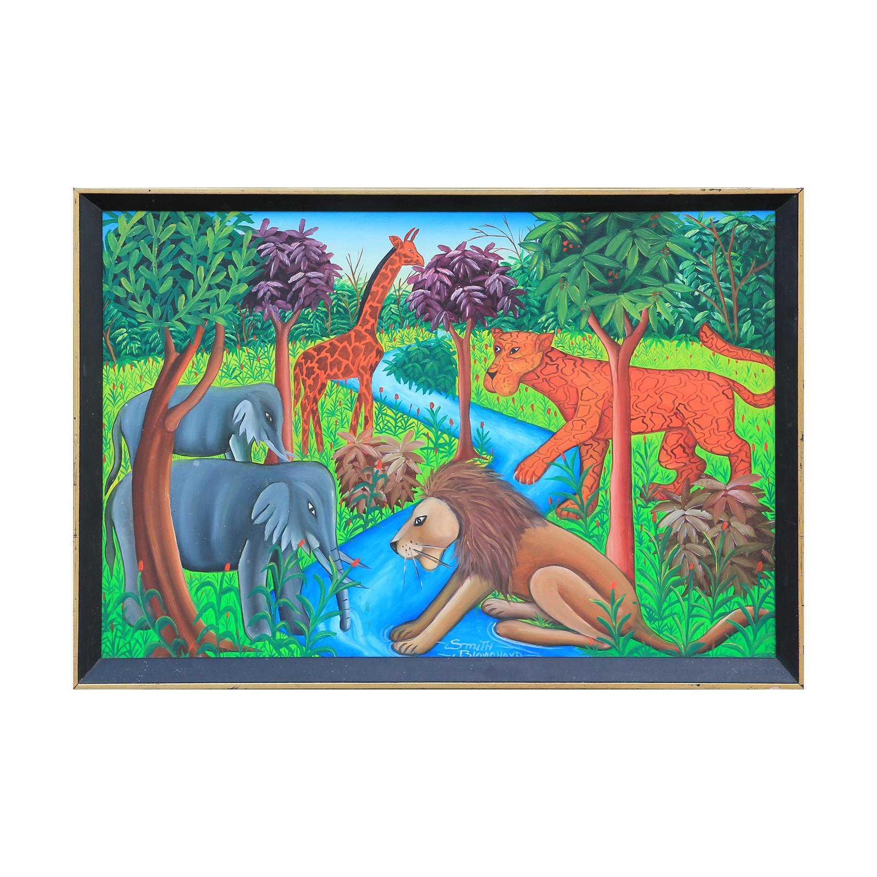 Smith Blanchard Animal Painting - Surrealist Jungle Animals Painting by Haitian Artist