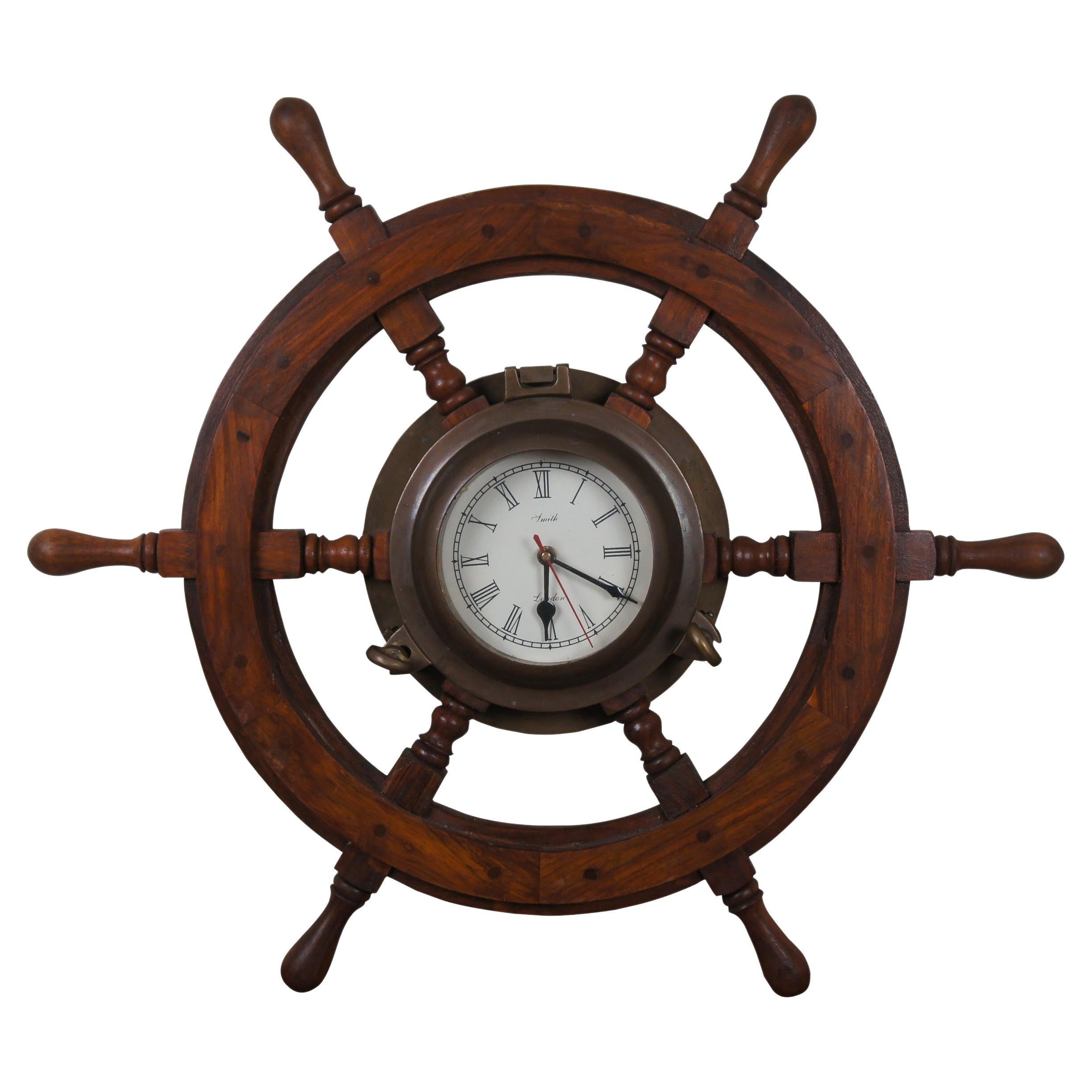 Smith London Nautical Maritime Ships Wheel Brass Porthole Wall Clock 25"