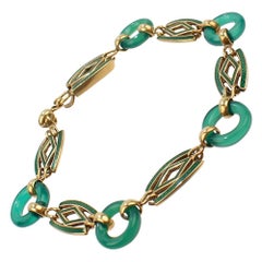 Smith & Pepper Edwardian Englisches Gliederarmband aus 9 Karat Gold, Emaille und Jade