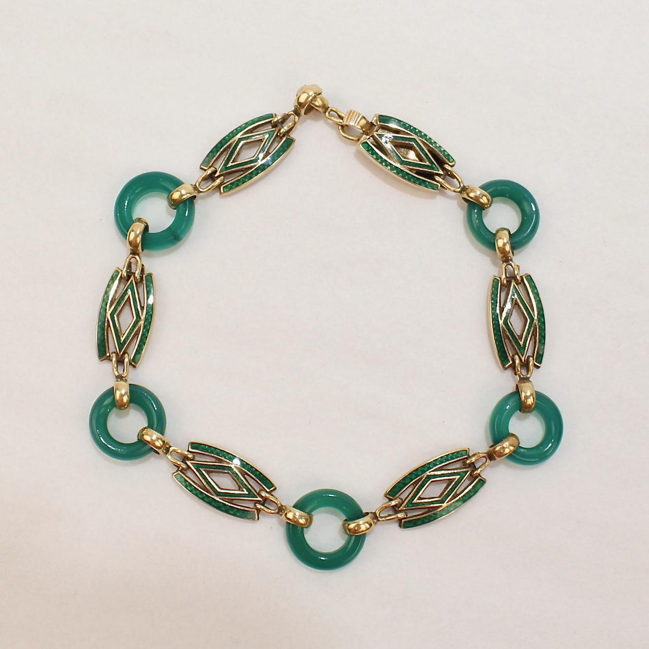 Smith & Pepper Edwardian English 9 Carat Gold, Enamel and Jade Link Bracelet In Good Condition For Sale In Philadelphia, PA