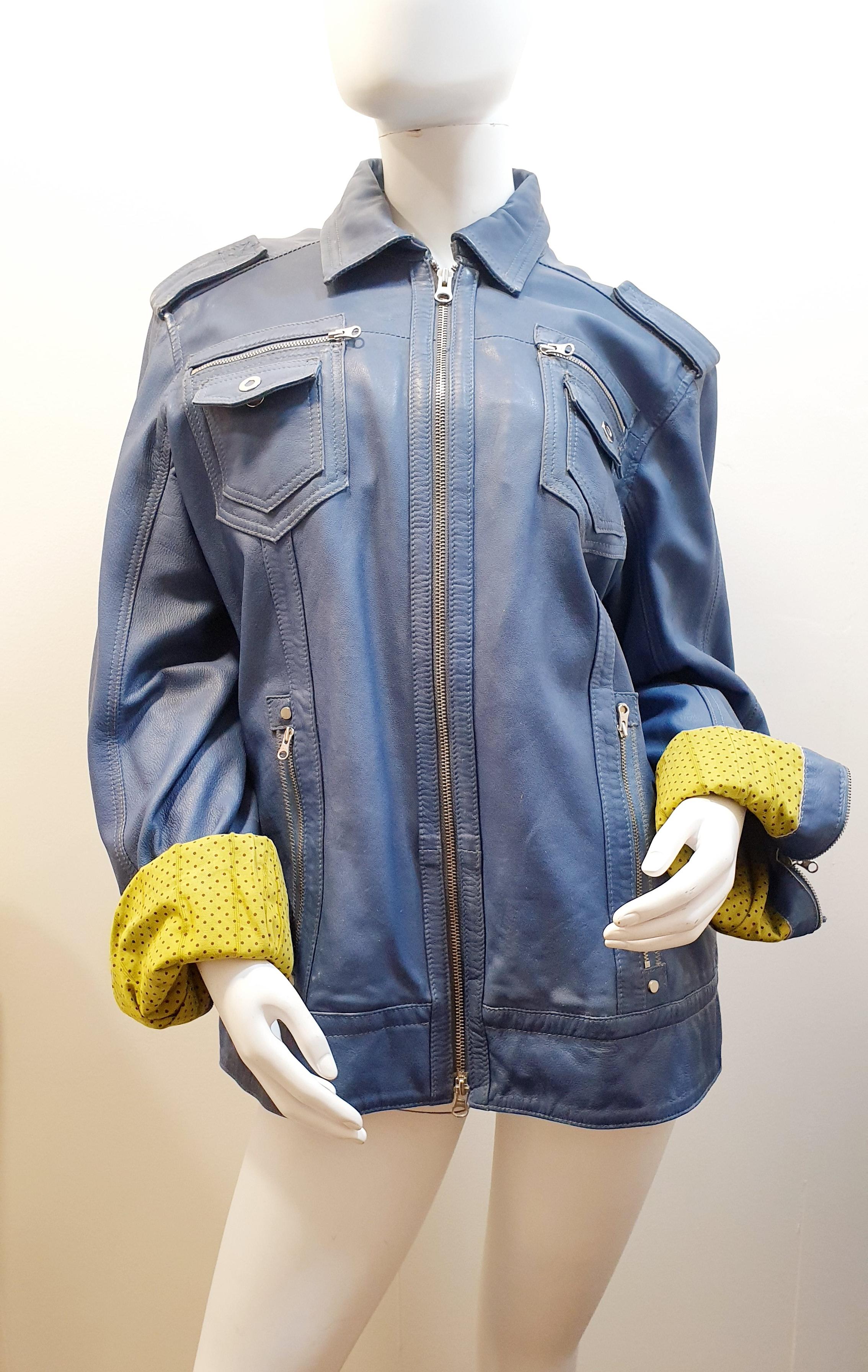 Smith & Smith Blue Leather Jacket
The front closure is a zipper
It has four front pockets and three inside.
The length from the shoulder is 75 cm ( 29,52 inches )
The sleeve length is 70 cm (27,55 inches )

Our Company Fashion Division is