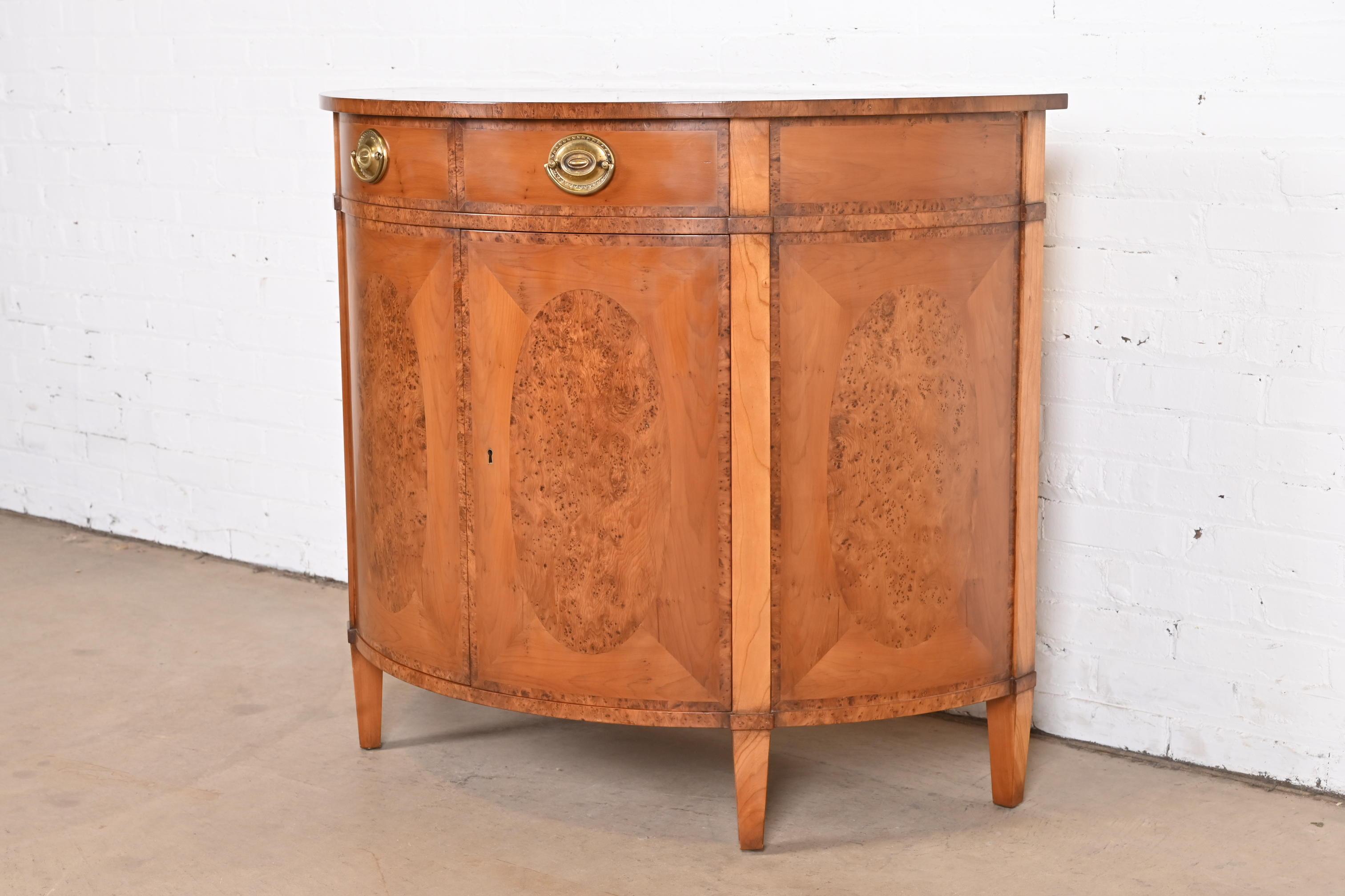 American Smith & Watson Georgian Burl and Yew Wood Demilune Sideboard or Bar Cabinet