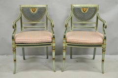 Smith & Watson Regency Adams Style Green Painted Cane Arm Chairs - a Pair