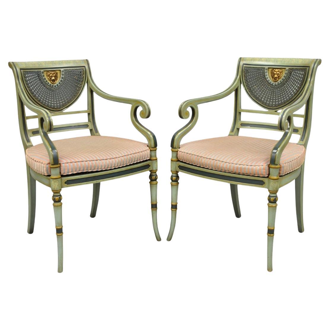 Smith & Watson Regency Adams Style Green Painted Cane Arm Chairs - a Pair For Sale