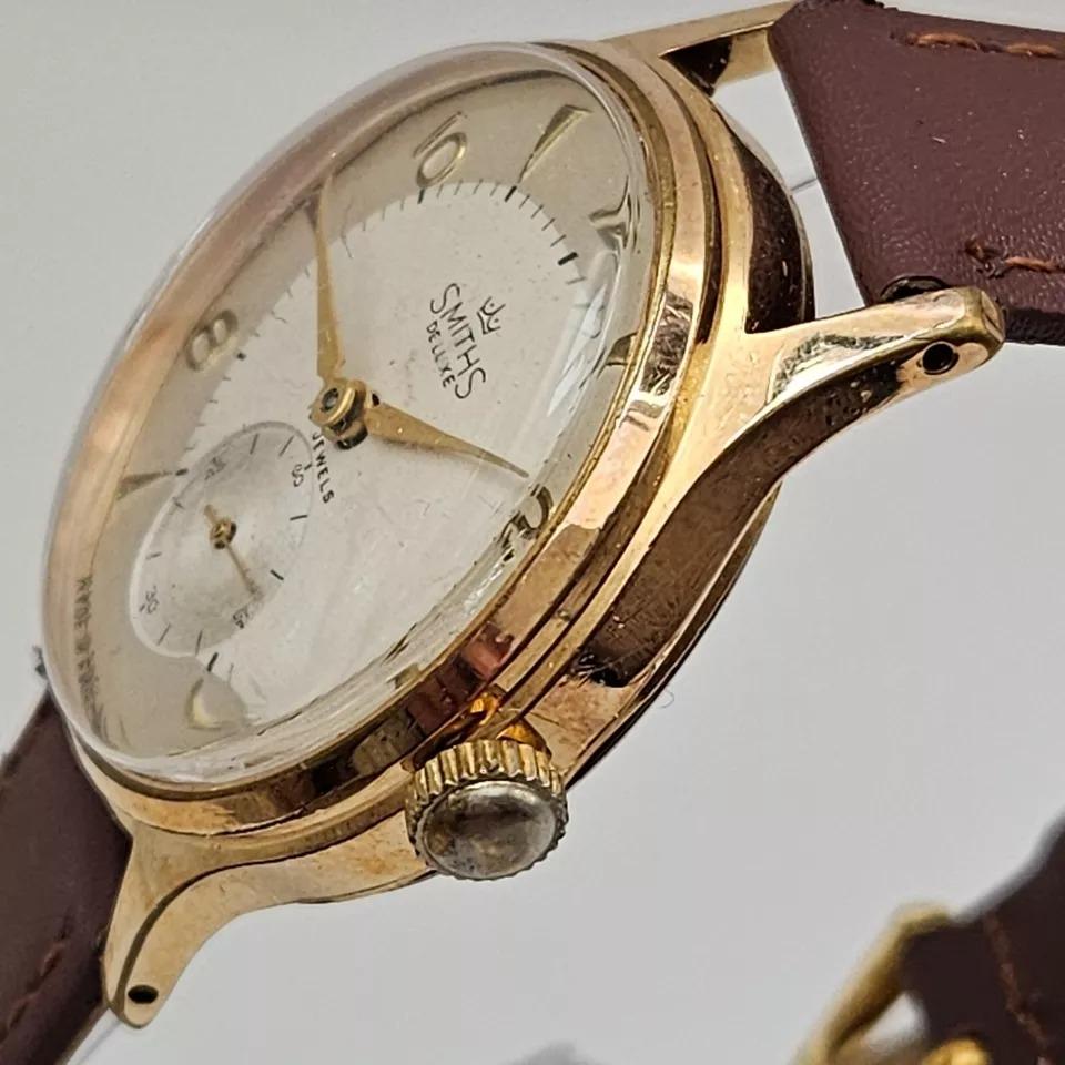 Smiths De Luxe All English 9ct Gold Mens Watch with Arabic Numerals 15 jewels For Sale 2