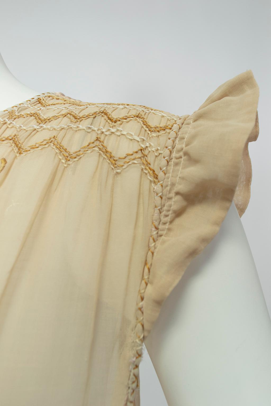 Edwardian Nude Sheer Embroidered Voile and Satin Chemise Dress - M, 1910s 2