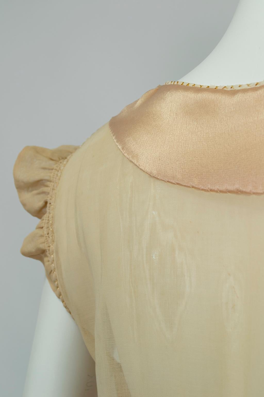 Edwardian Nude Sheer Embroidered Voile and Satin Chemise Dress - M, 1910s 3