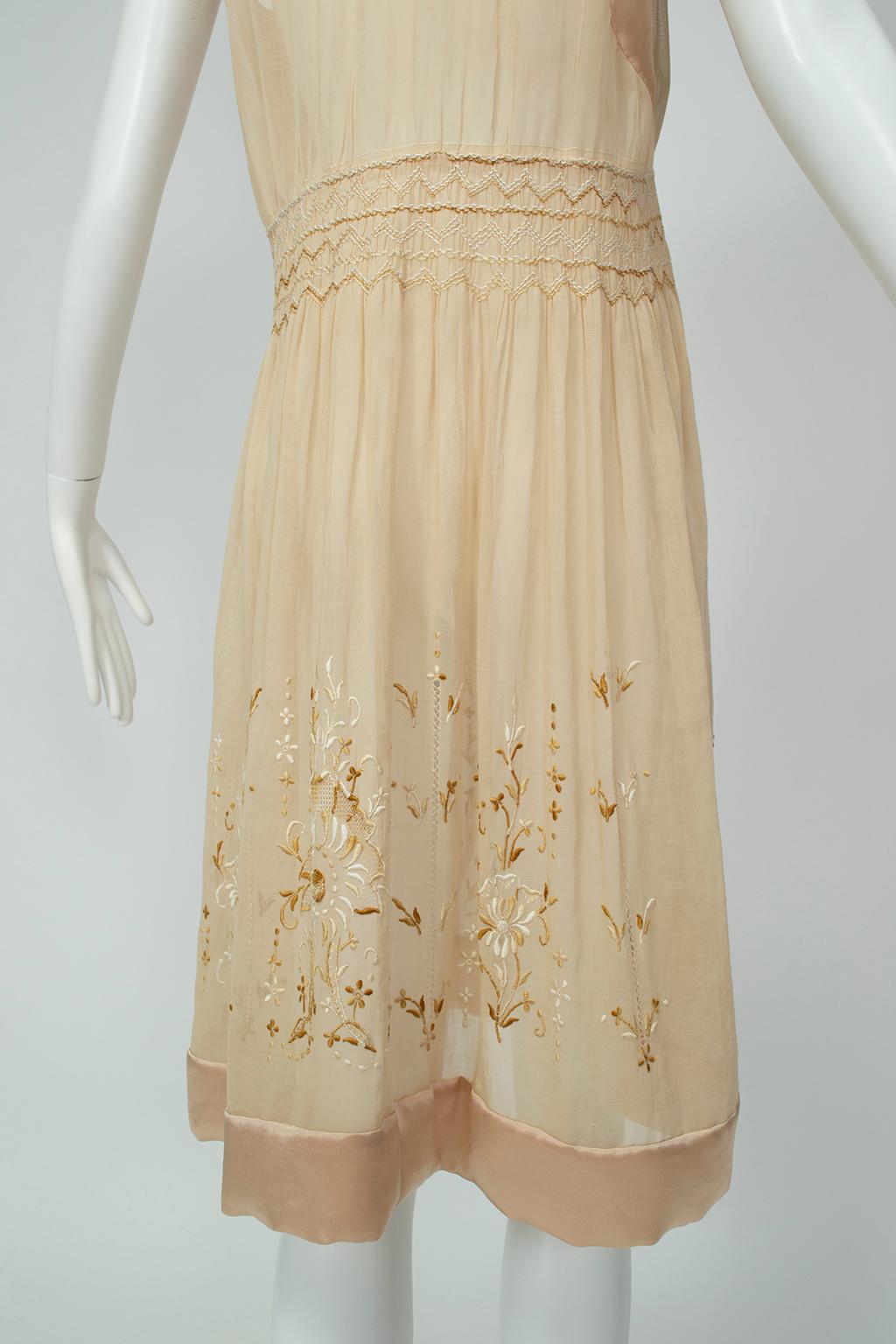 Edwardian Nude Sheer Embroidered Voile and Satin Chemise Dress - M, 1910s 5