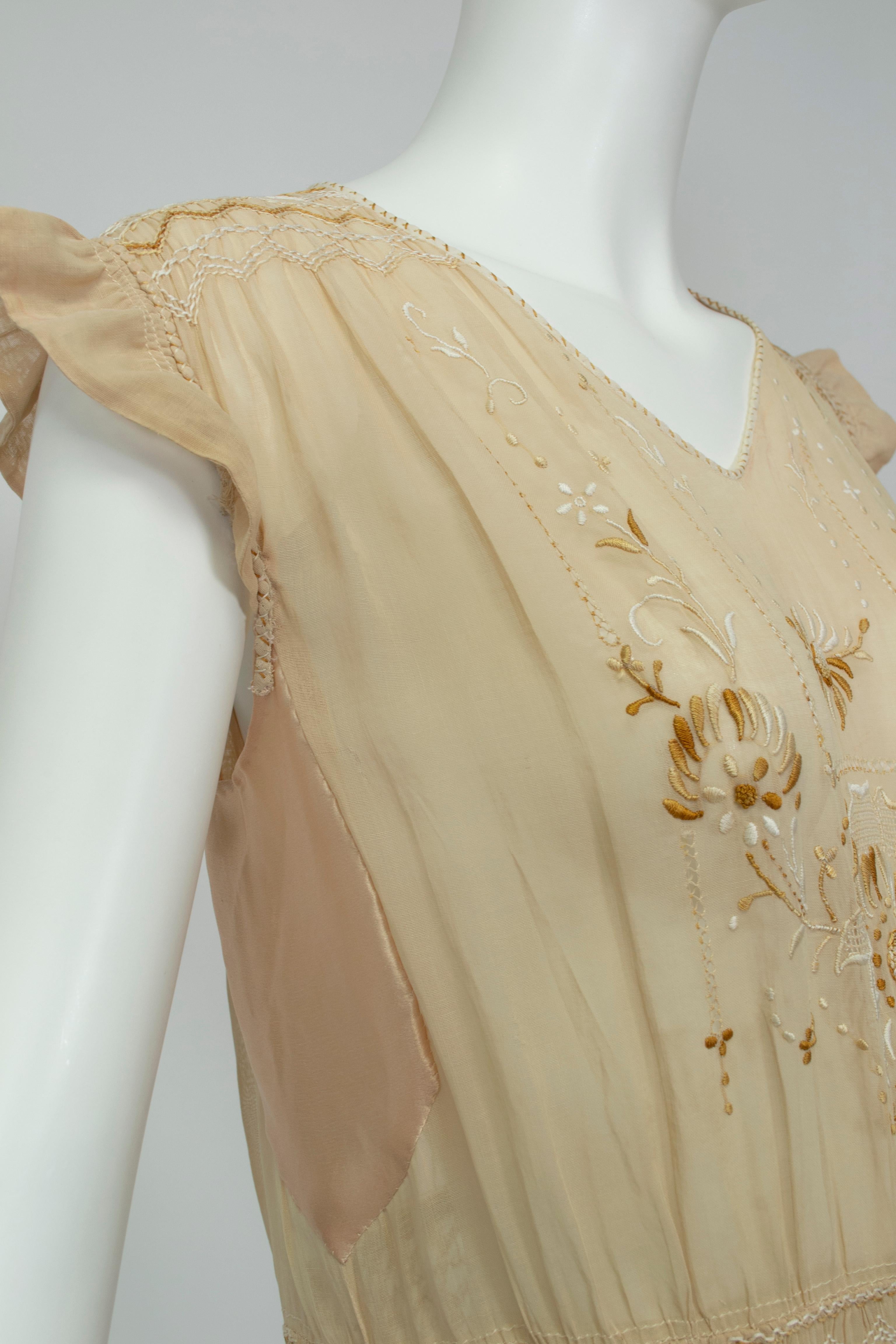 Beige Edwardian Nude Sheer Embroidered Voile and Satin Chemise Dress - M, 1910s