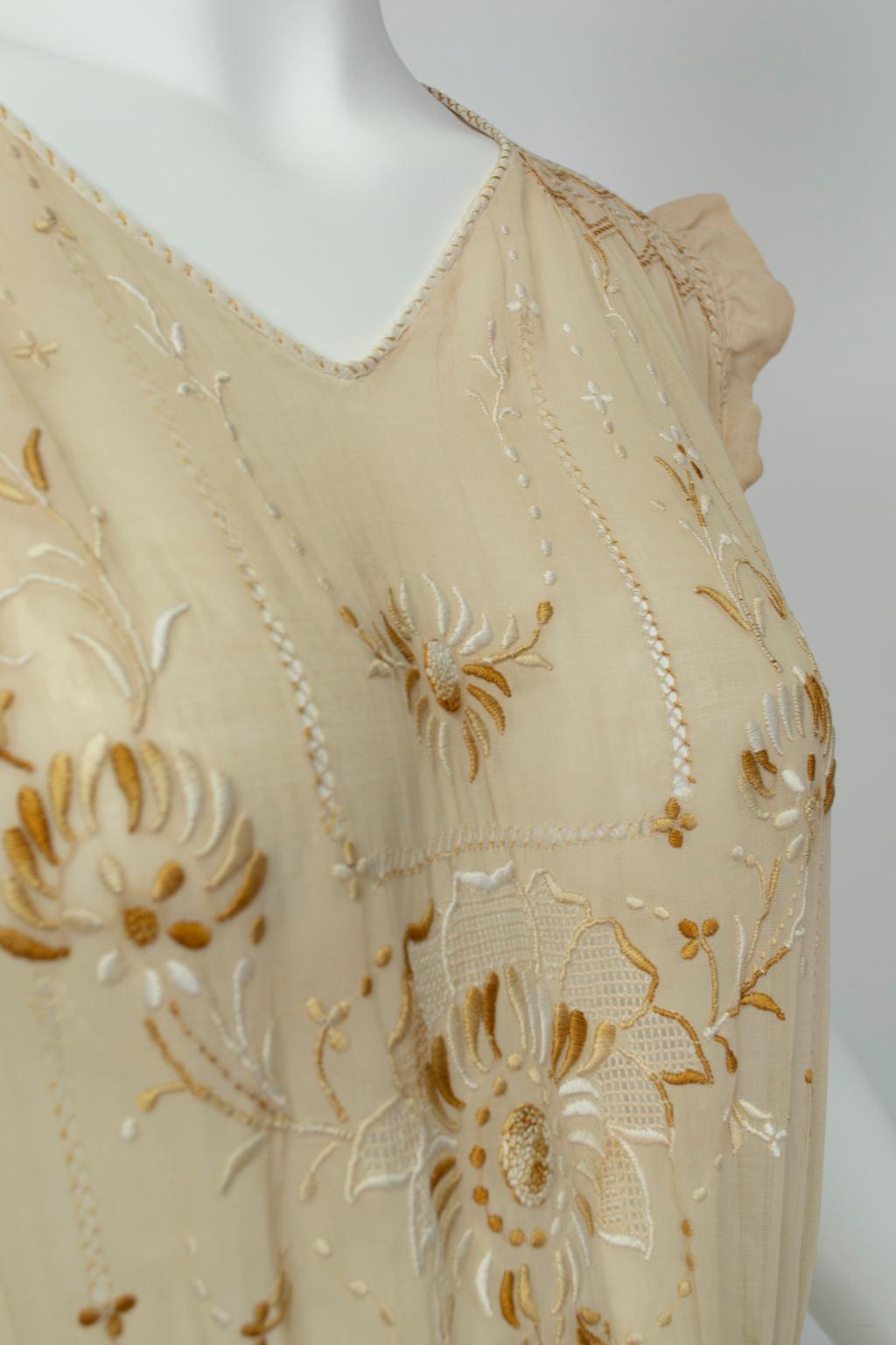 Edwardian Nude Sheer Embroidered Voile and Satin Chemise Dress - M, 1910s In Good Condition In Tucson, AZ