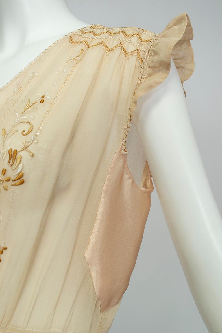 Edwardian Sheer Nude Smocked Voile and Satin Embroidered Chemise Dress -M,  1910s For Sale at 1stDibs | chemise dress 1950s, 1910s chemise
