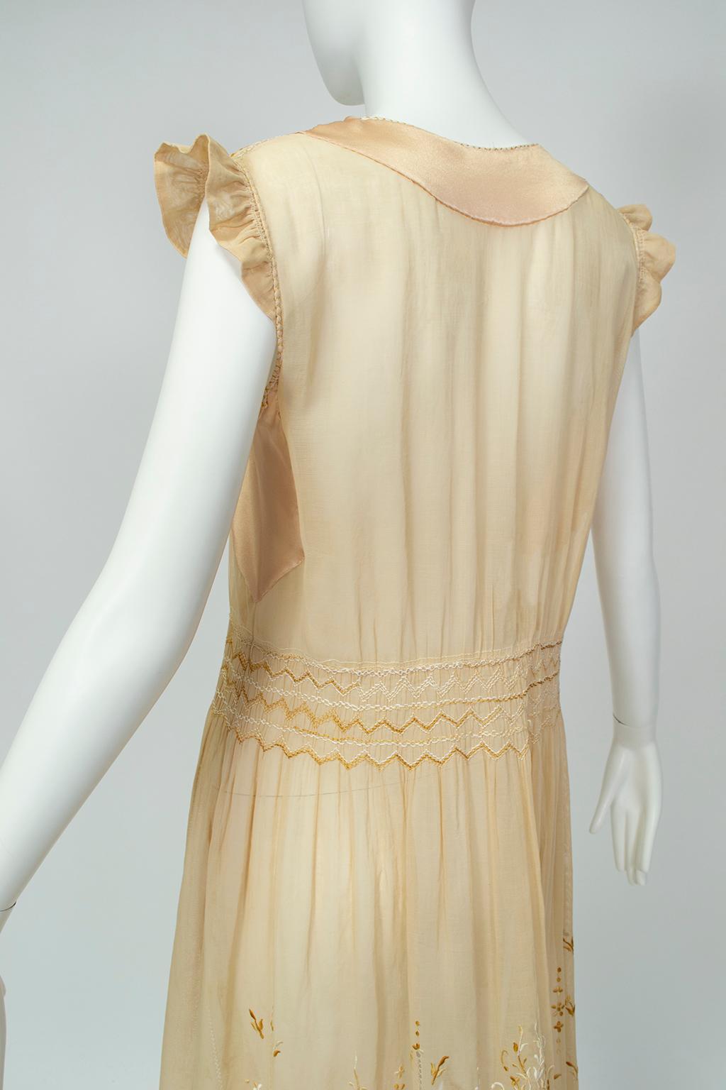 Edwardian Nude Sheer Embroidered Voile and Satin Chemise Dress - M, 1910s 1