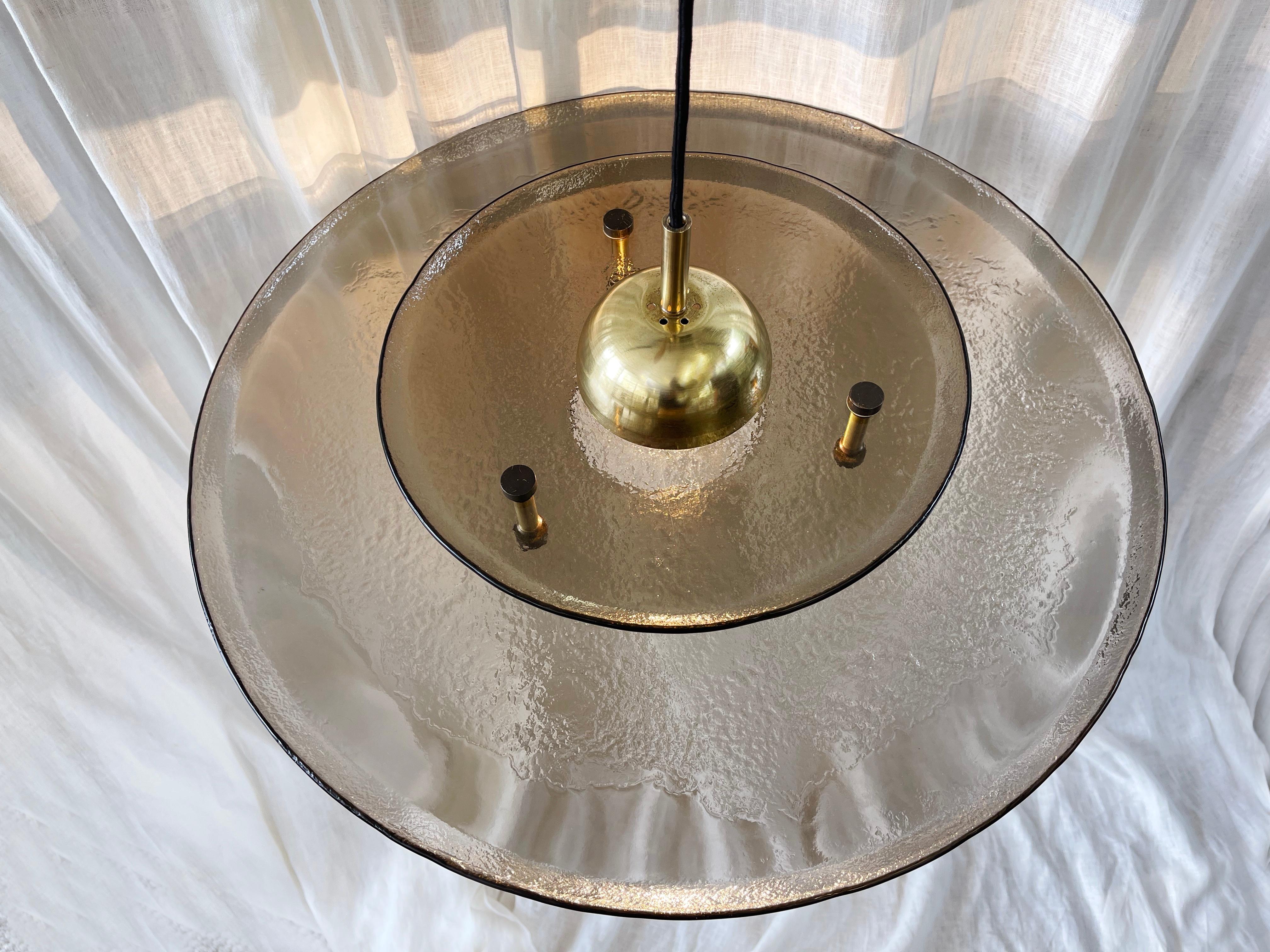 Machine-Made Smoke Glas Murano Ice Glas & Brass Large Pendant Lamp Original 1980s, Germany For Sale