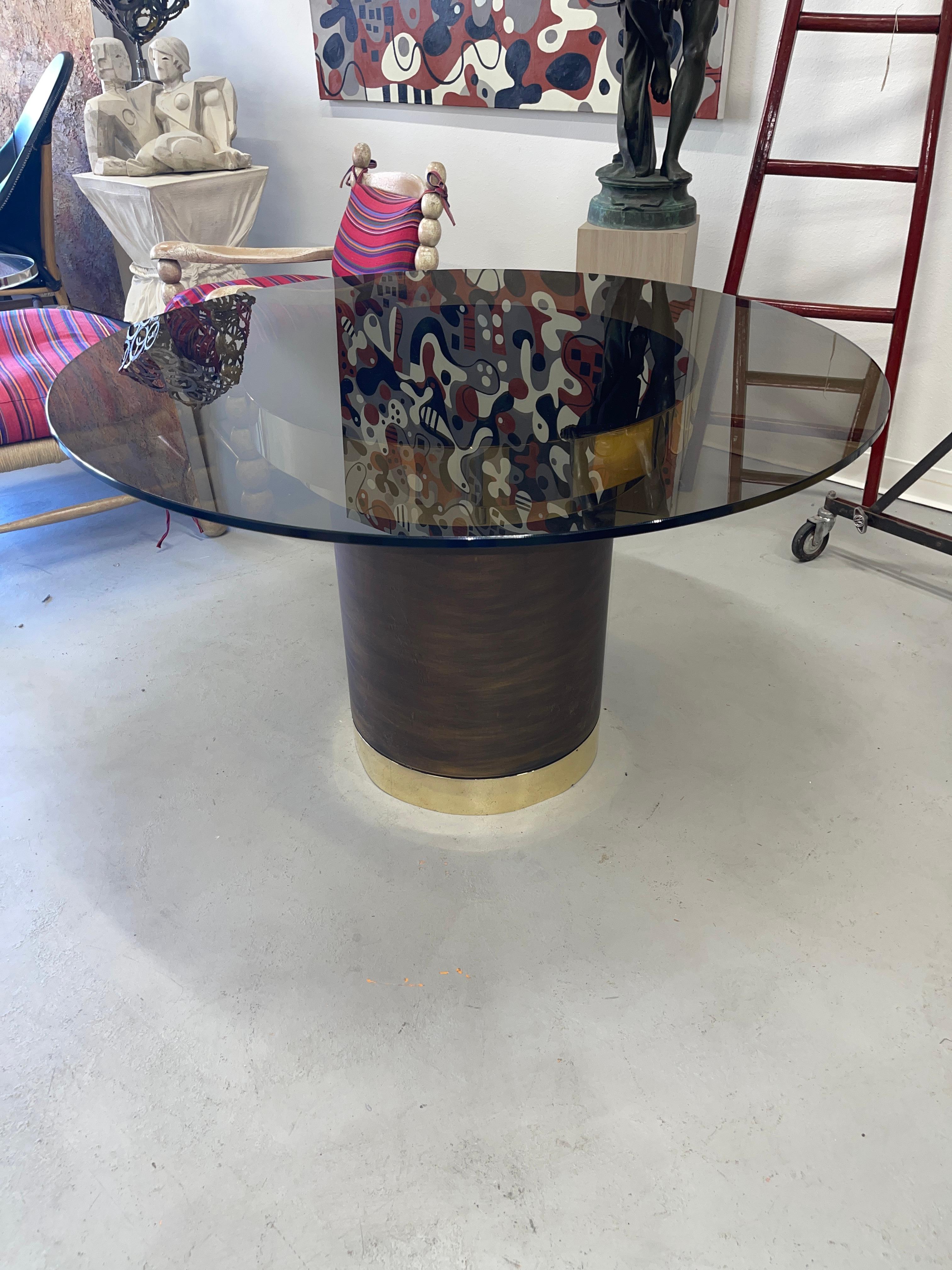 Hand-Crafted Smoke Glass and Brass Dining Table