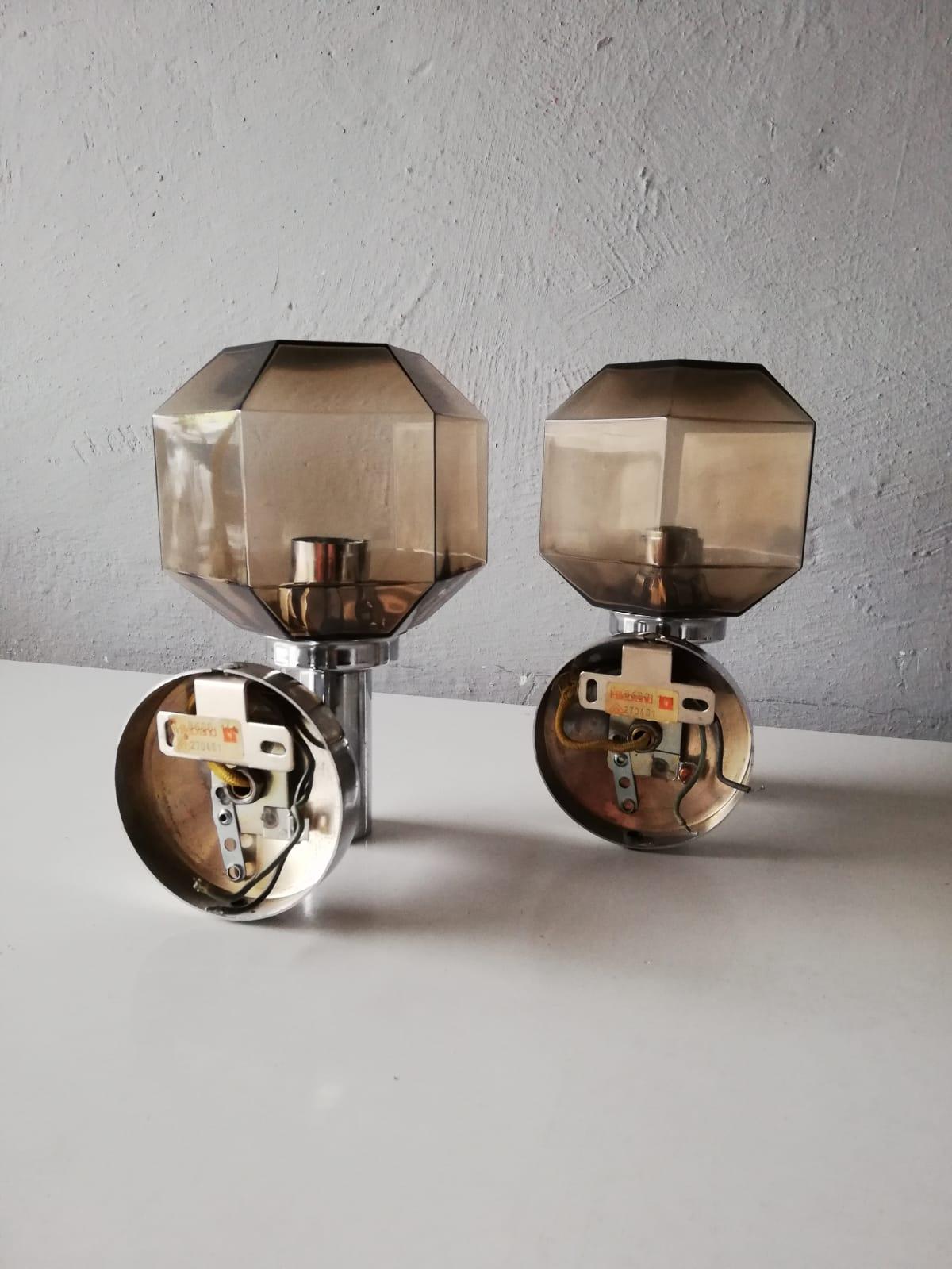 Mid-Century Modern Smoke Glass and Chrome Body Sconces by Hillebrand, 1960s Germany