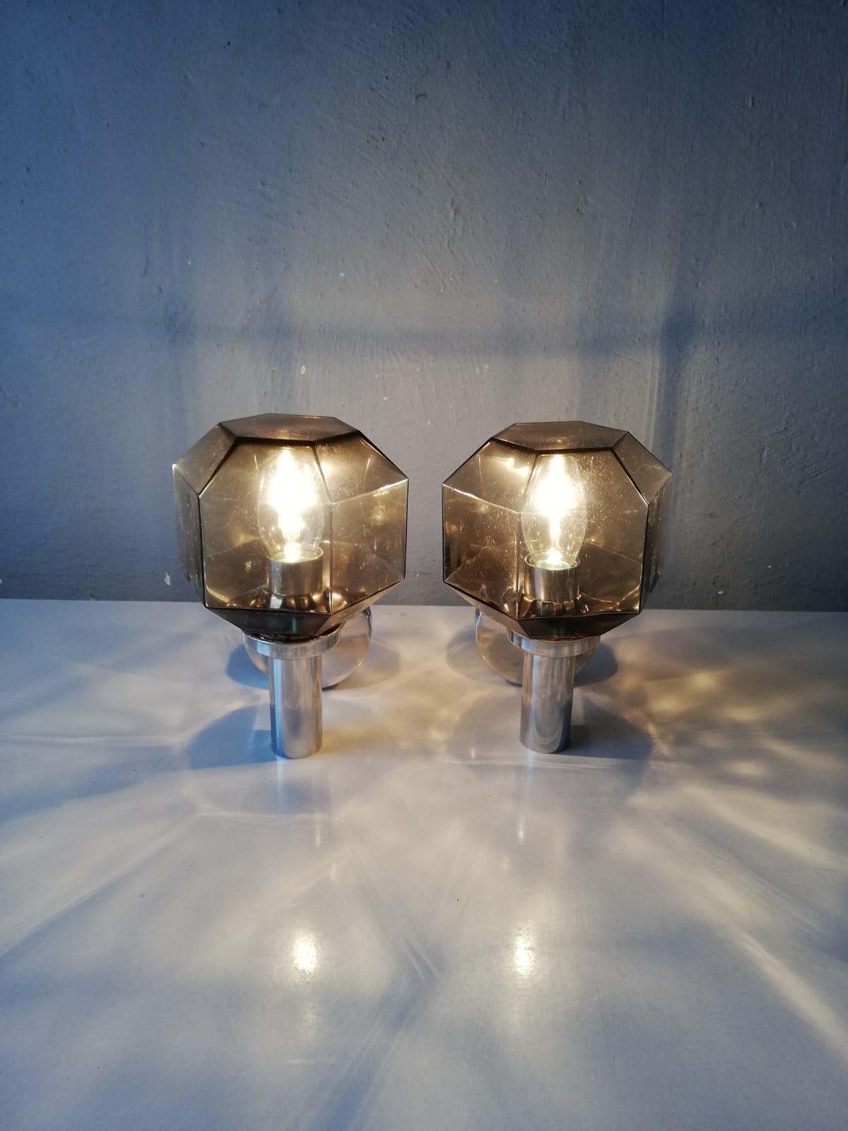 Smoke Glass and Chrome Body Sconces by Hillebrand, 1960s Germany In Good Condition In Hagenbach, DE