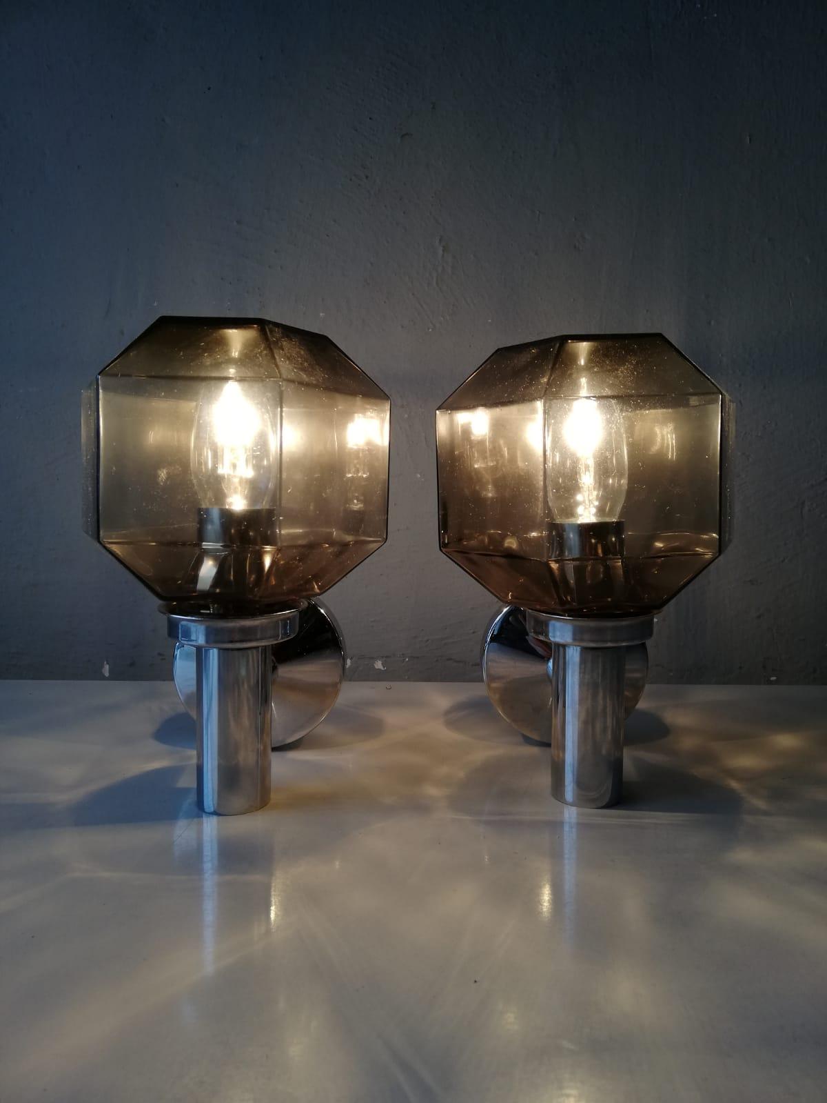 Mid-20th Century Smoke Glass and Chrome Body Sconces by Hillebrand, 1960s Germany
