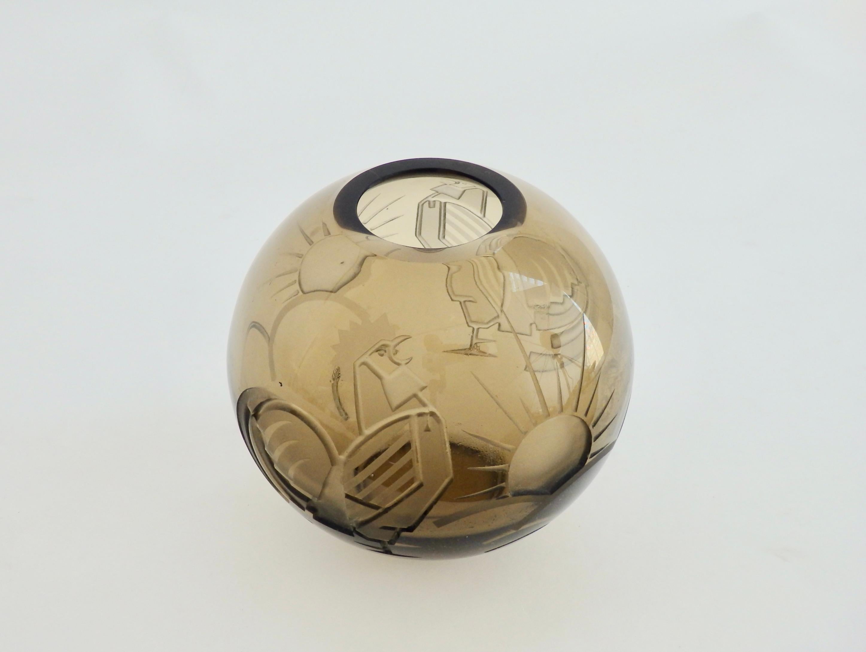 Smoke Glass Ball Vase Etched in Art Deco Good Morning Designs For Sale 5