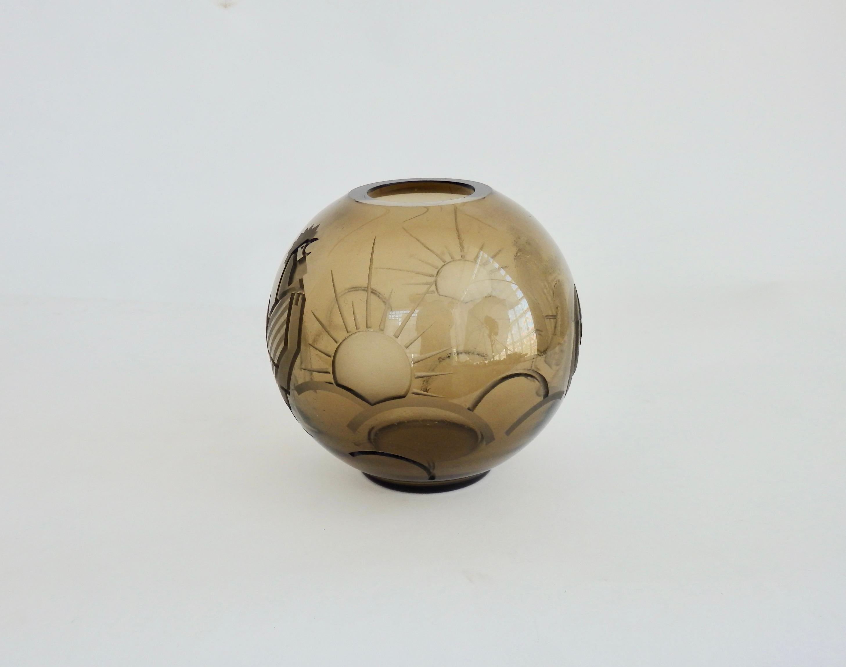 Danish Smoke Glass Ball Vase Etched in Art Deco Good Morning Designs For Sale