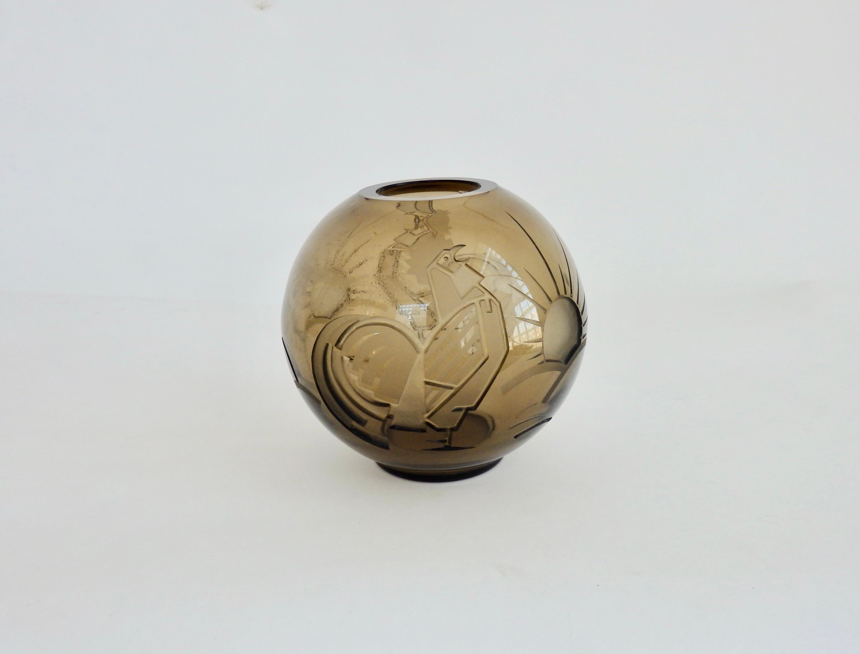 20th Century Smoke Glass Ball Vase Etched in Art Deco Good Morning Designs For Sale