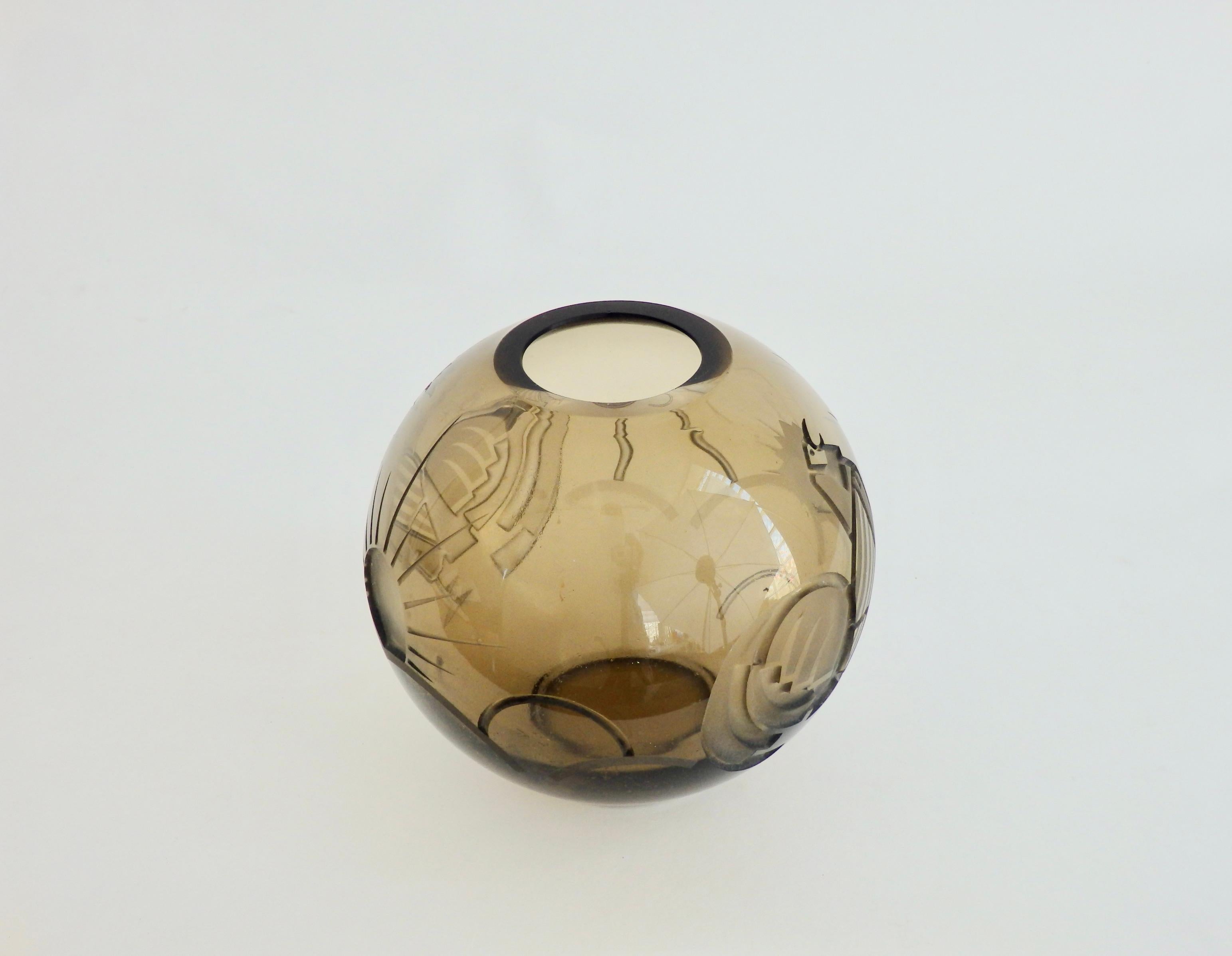 Smoke Glass Ball Vase Etched in Art Deco Good Morning Designs For Sale 3