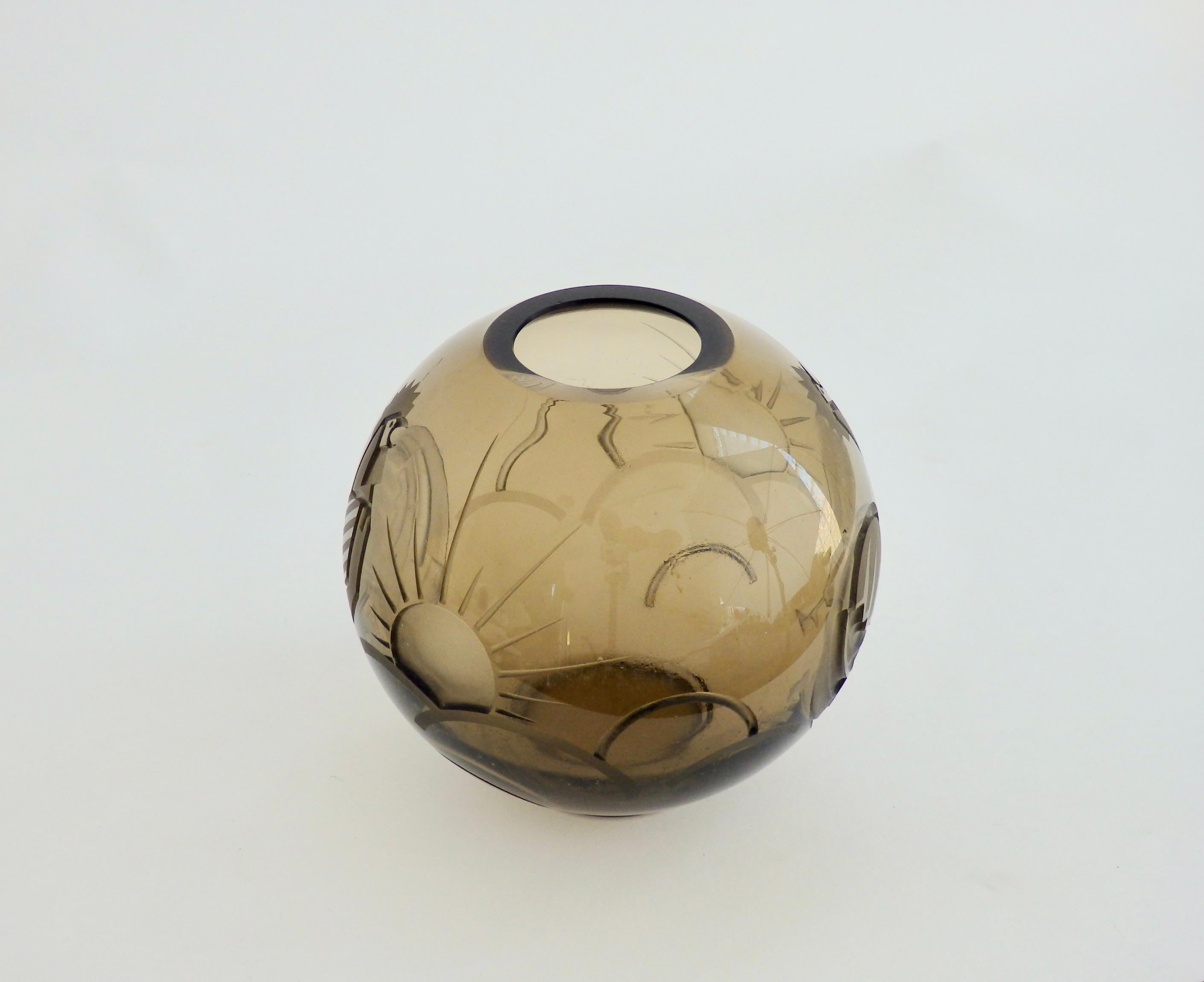 Smoke Glass Ball Vase Etched in Art Deco Good Morning Designs For Sale 4