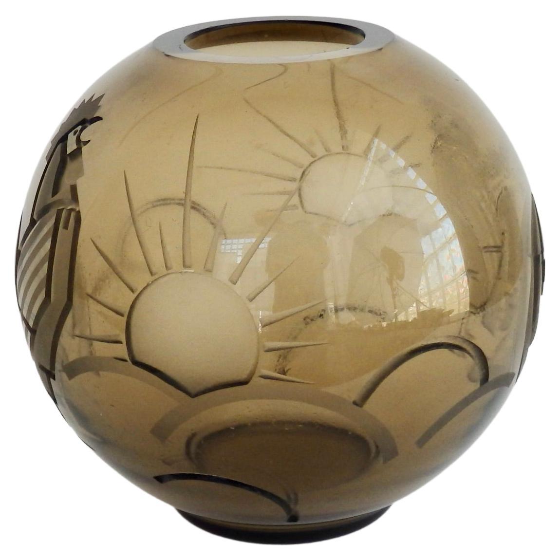 Smoke Glass Ball Vase Etched in Art Deco Good Morning Designs For Sale
