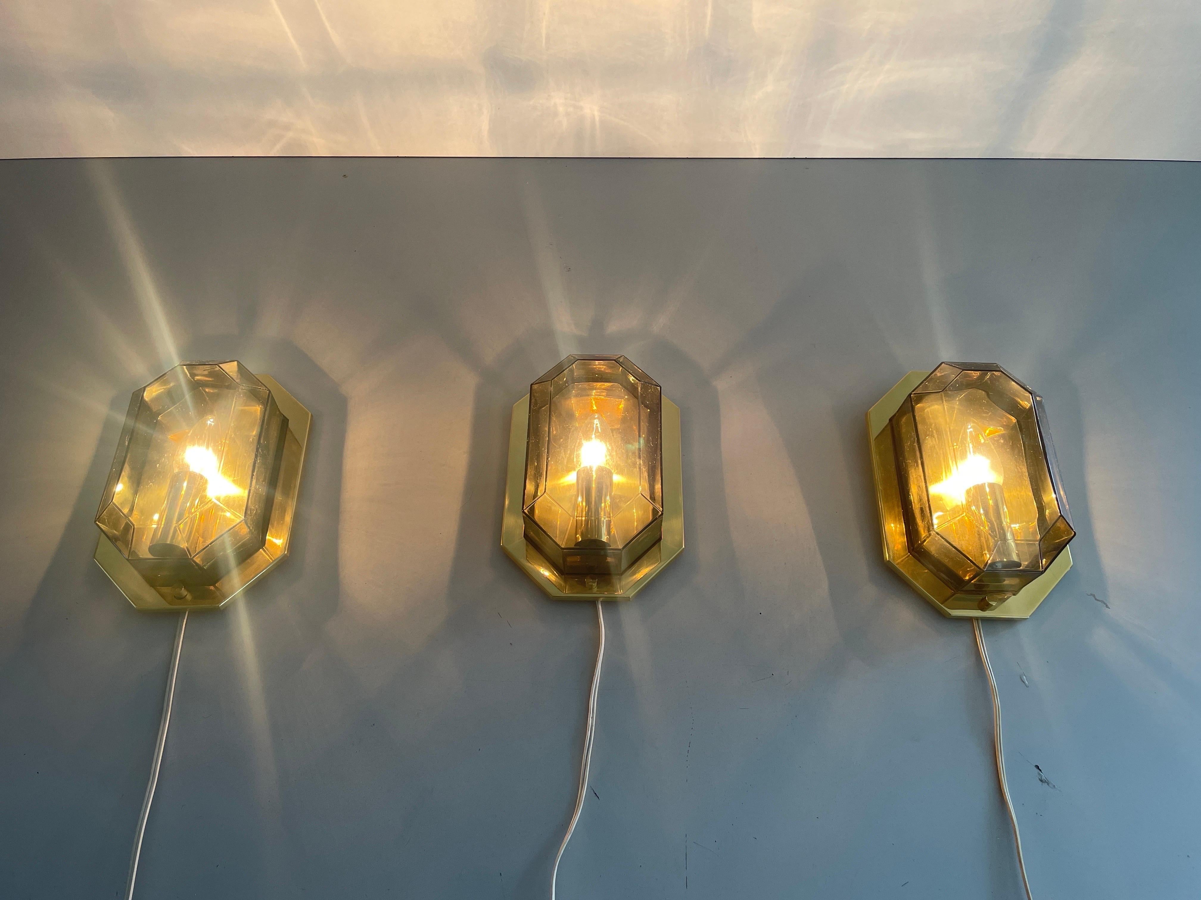 Juego de 3 apliques de cristal ahumado y latón de Limburg, años 60, Alemania en venta 6