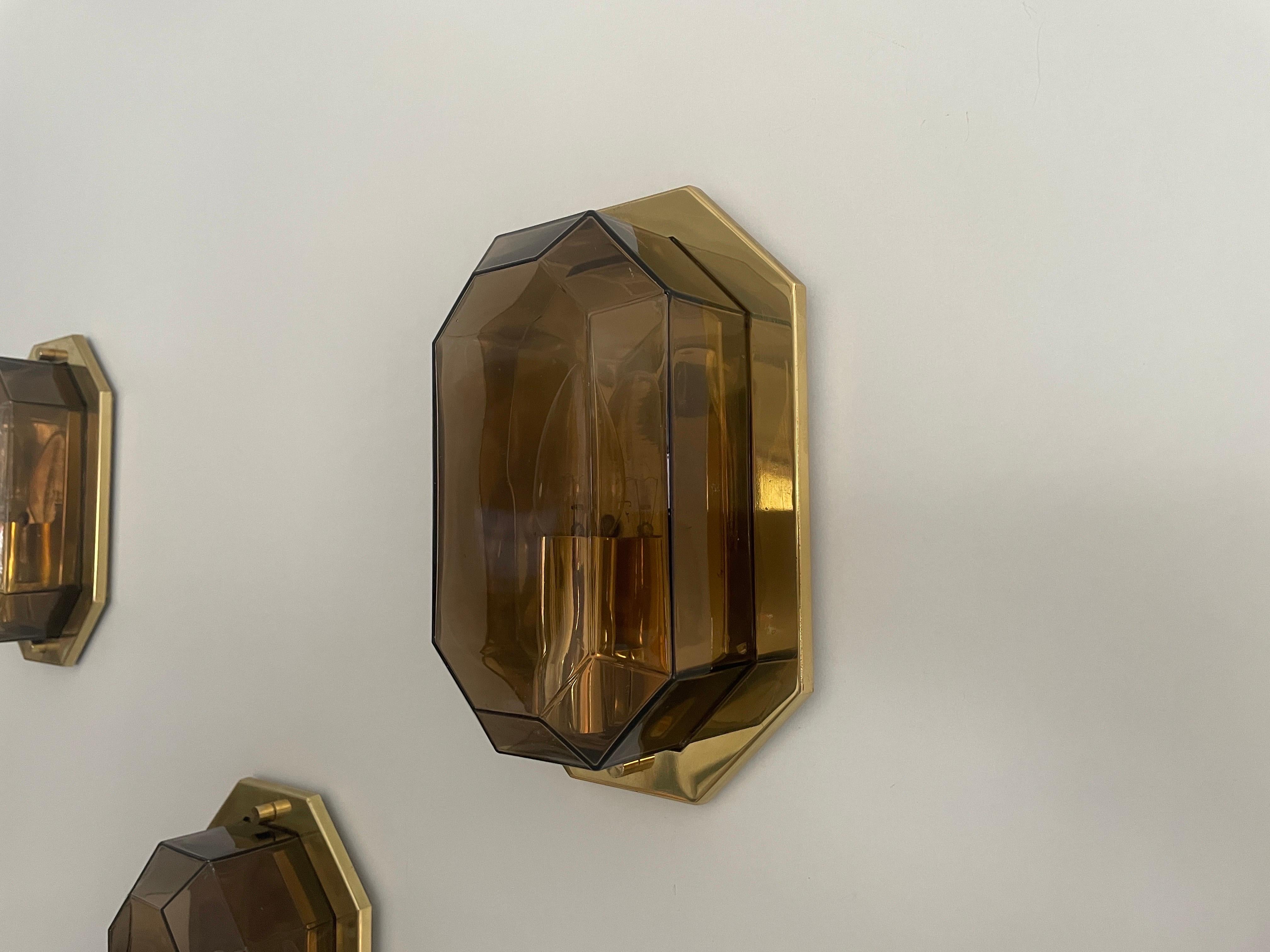 Juego de 3 apliques de cristal ahumado y latón de Limburg, años 60, Alemania en venta 2