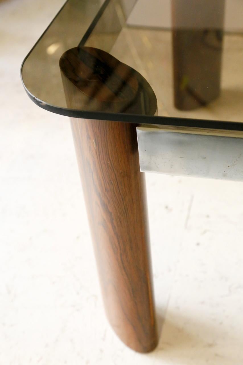 Late 20th Century Smoke Glass and veneer Wood mid-centuy Chrome-Plated Steel Coffee Table, 1970s