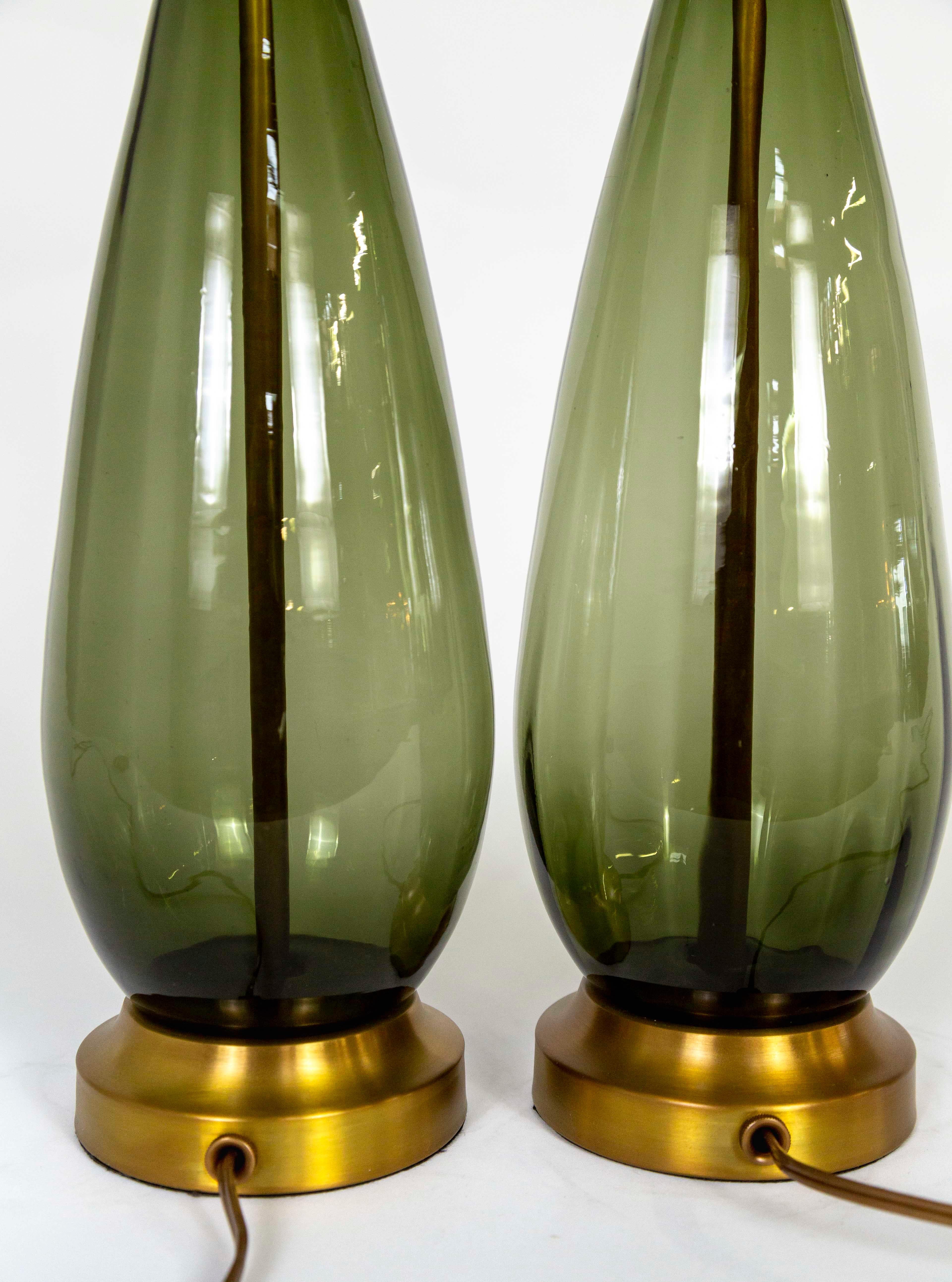 Mid-Century Modern Smoke Green Murano Glass Drop Lamps, Pair